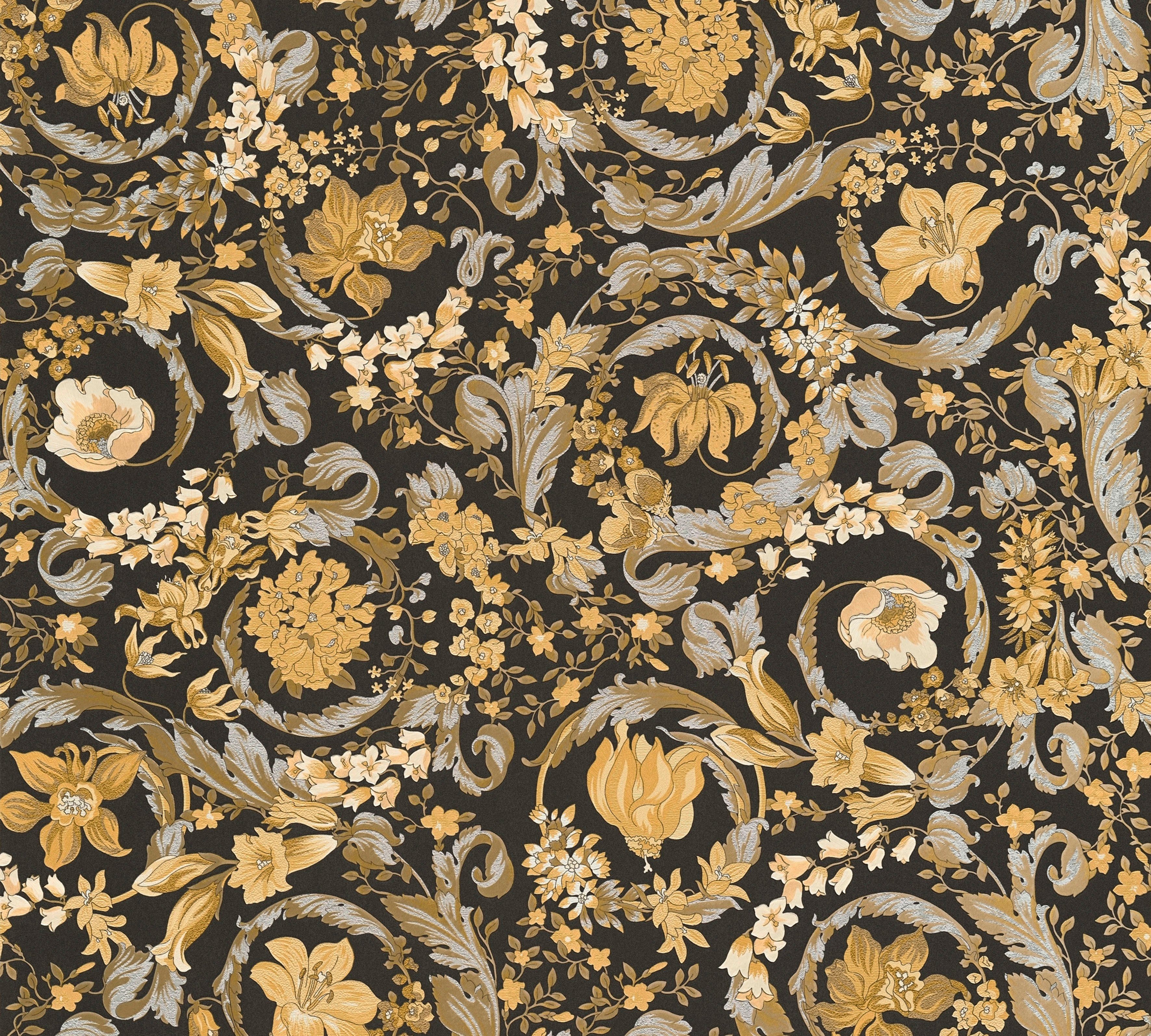 Versace Vliestapete Wallpaper Versace 5 Floral, leicht strukturiert, leicht glänzend, (1 St), Designertapete goldfarben/schwarz