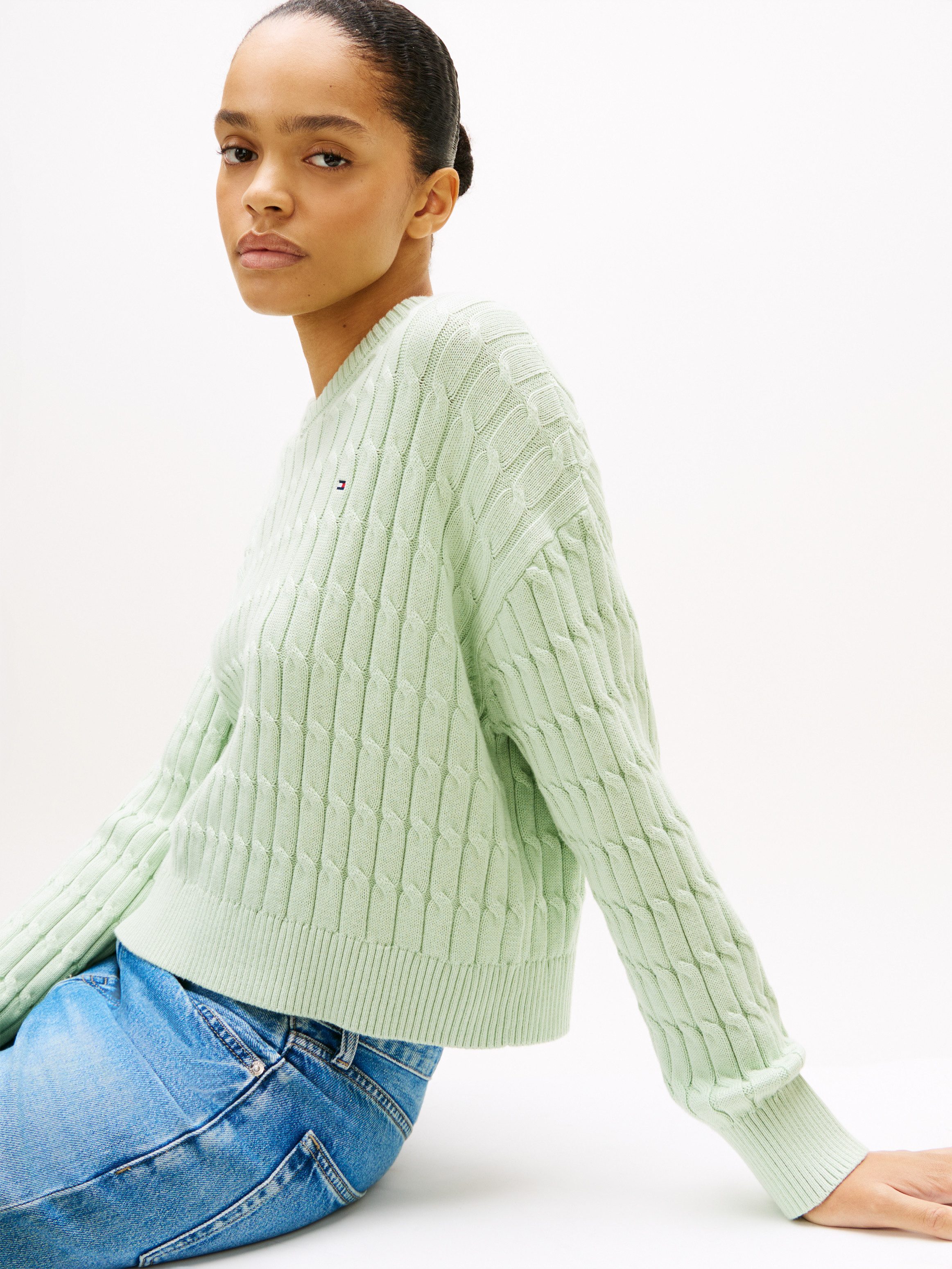 Tommy Hilfiger Strickpullover CO CABLE MID GG RLX LS V-NK SWT mit Zopfmuste günstig online kaufen
