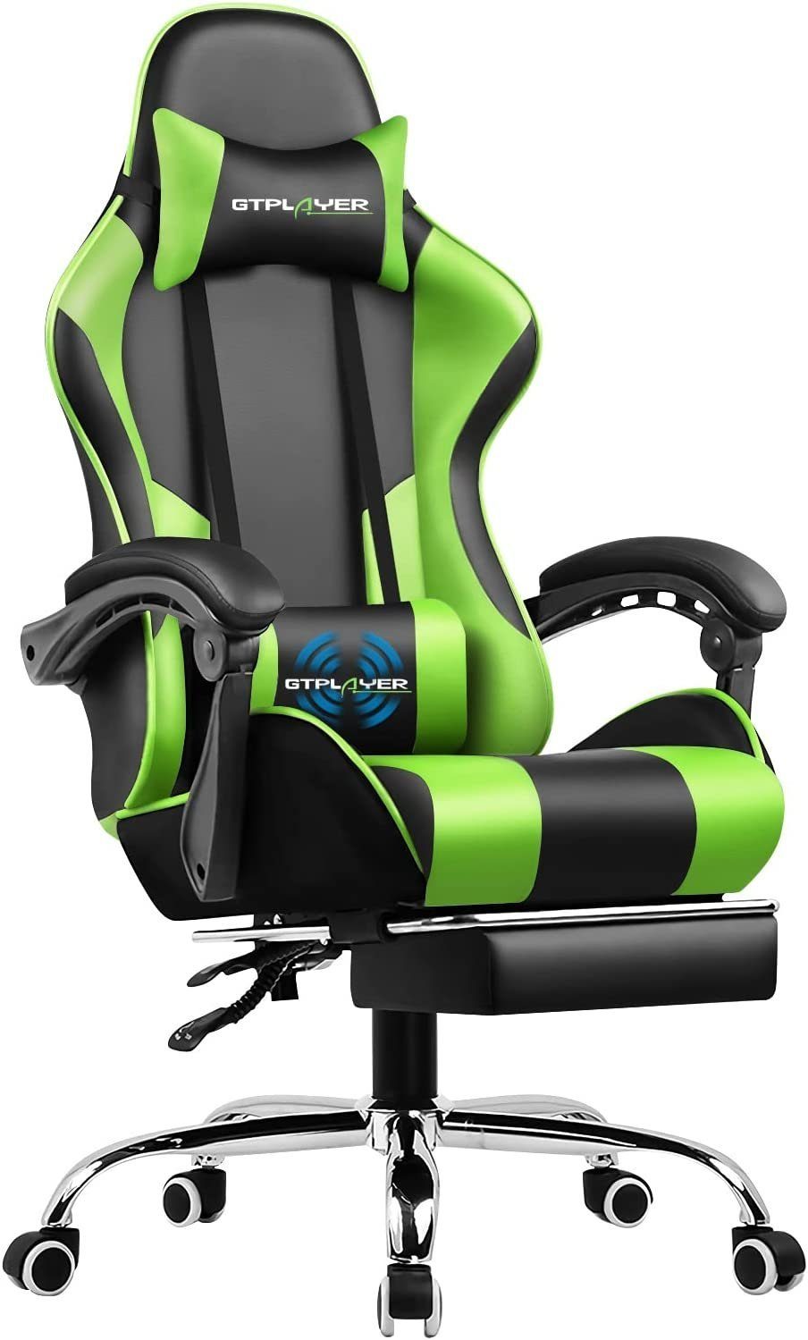 GTPLAYER Gaming-Stuhl mit Fußstütze und Massage-Lendenkissen Bürostuhl Zocker Stuhl, mit Verbindungsarmlehnen bis 120kg belastbar, Hohe Rückenlehne