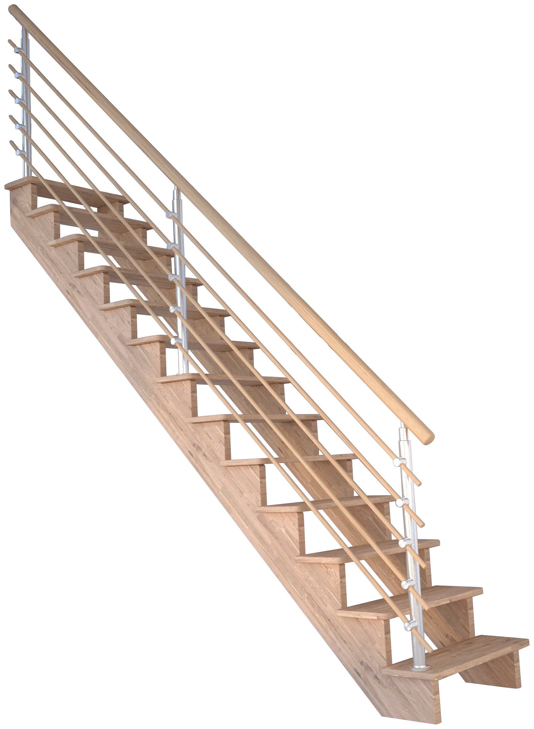 Durchgehende Geschosshöhen Systemtreppe 300 für Stufen bis Starwood Holzrundstäbe, Design-Geländer Massivholz Lindos, Wangenteile cm, offen,