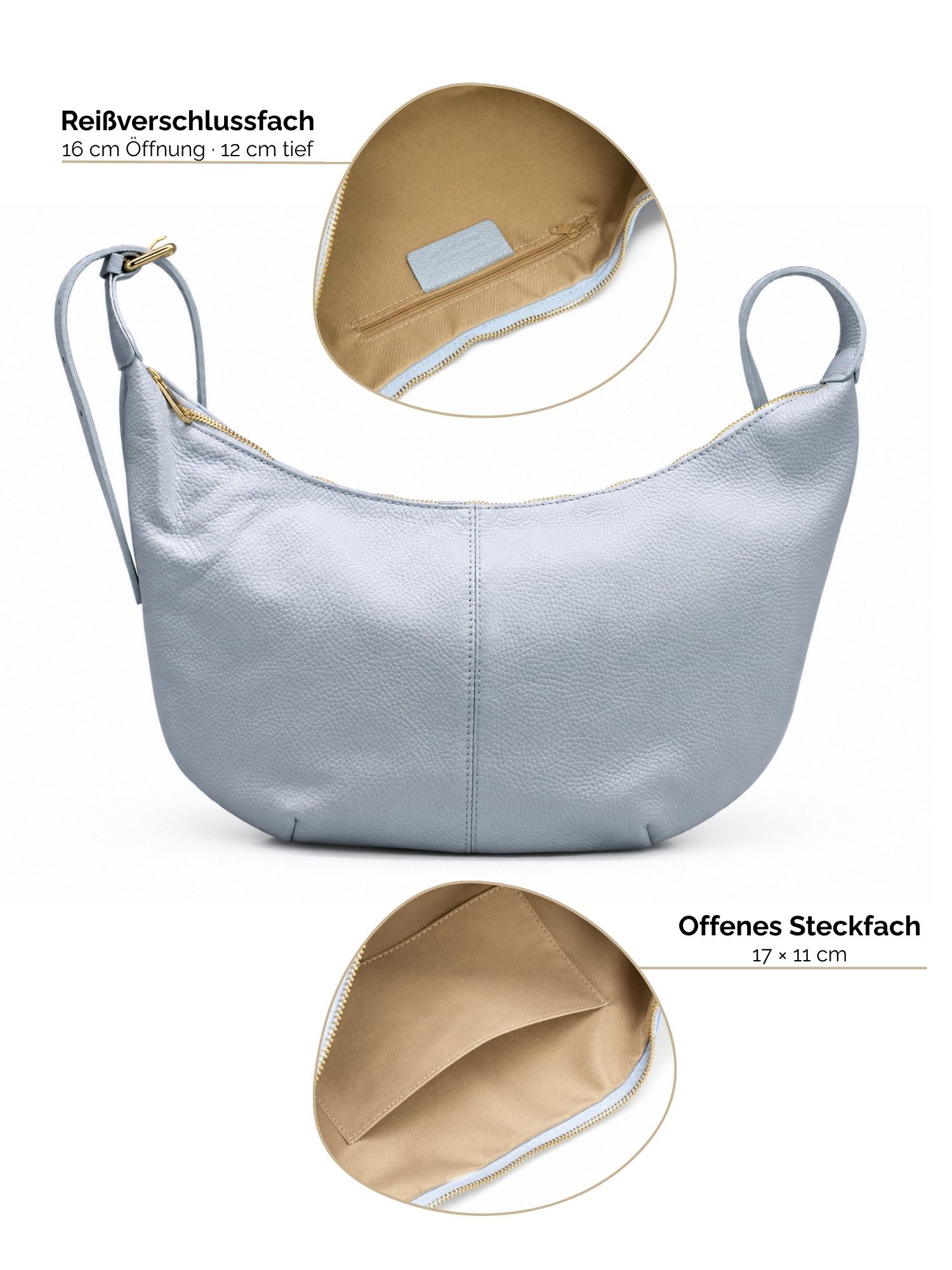 Adel Bags Schultertasche Lunara Echtleder Schultertasche Damen Hobo Bag Made in Italy (Einzelartikel), 100 % Echtleder Made in Italy mit verstellbarem Schulterr – Bild 5 von 5