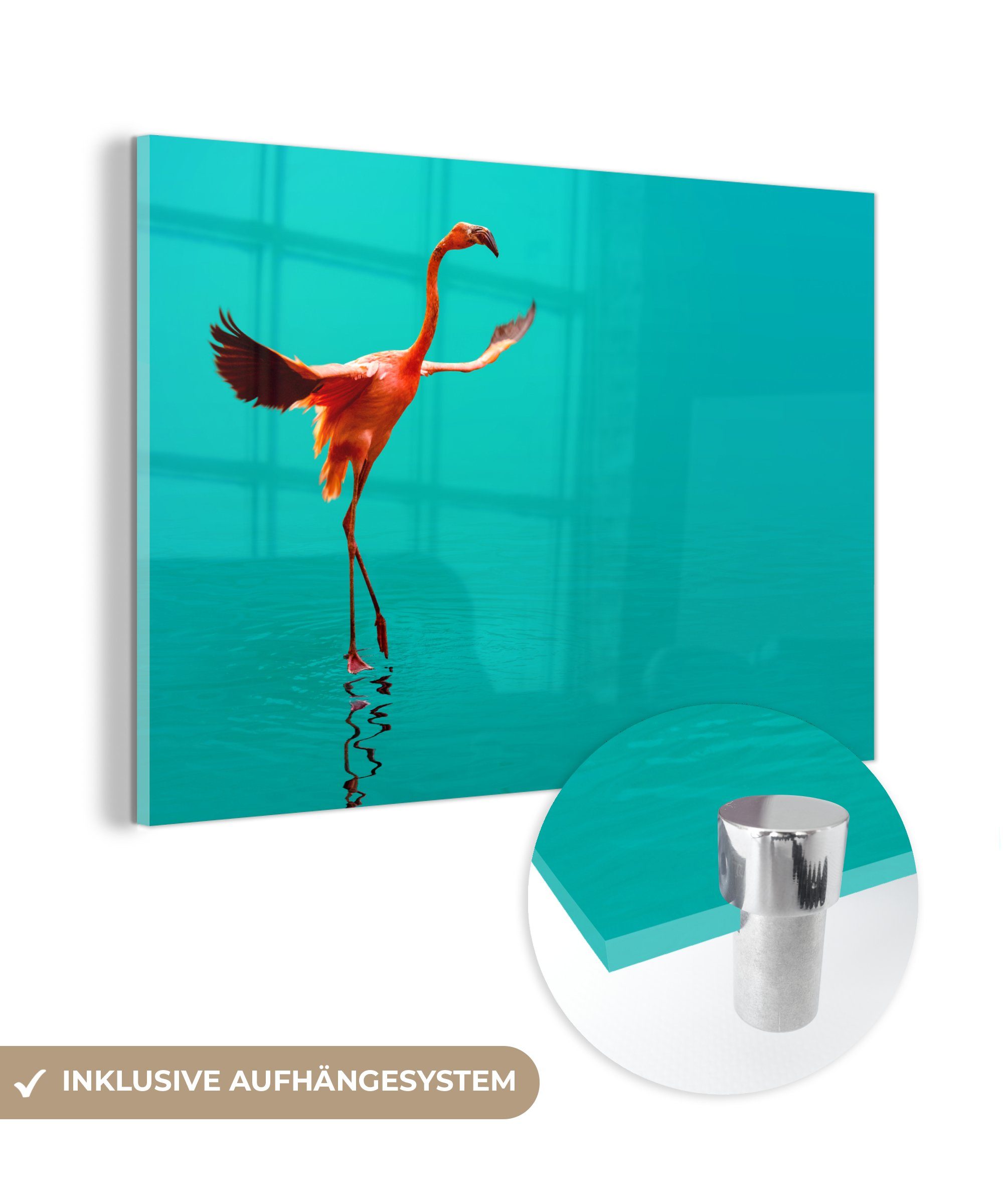 MuchoWow Acrylglasbild Flamingo im blauen Meer, (1 St), Acrylglasbilder Wohnzimmer & Schlafzimmer