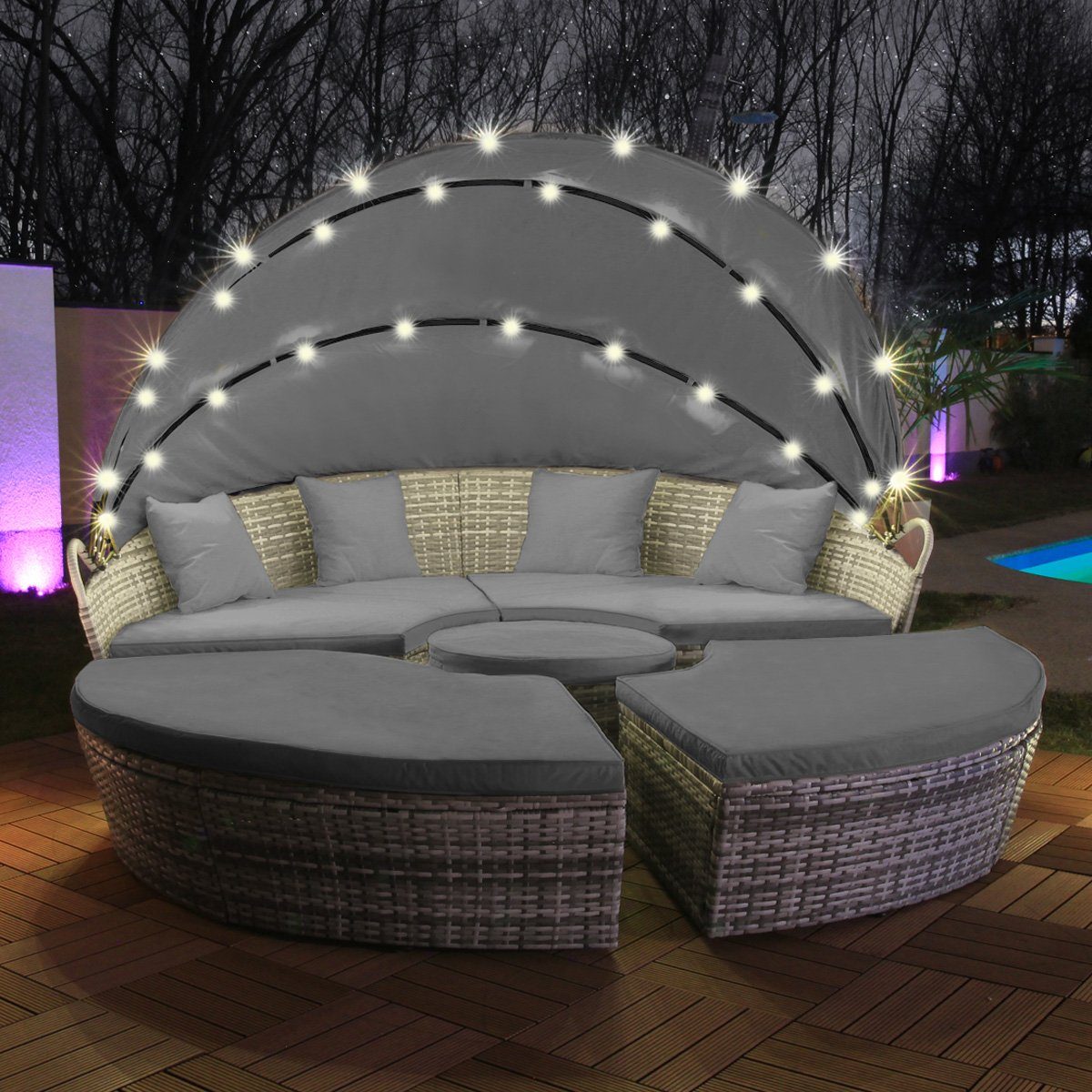 Gartenlounge-Set inkl. Liege Sitzgruppe Insel Abdeckcover - LED Polyrattan Swing&Harmonie Sonneninsel Rattan Lounge