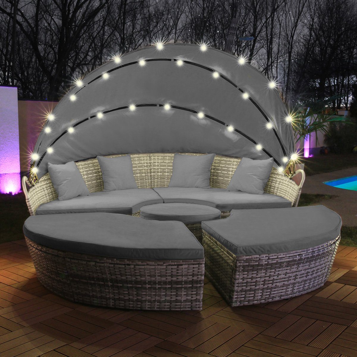 Swing&Harmonie Gartenlounge-Set LED - Sonneninsel Rattan Lounge Polyrattan Sitzgruppe Liege Insel inkl. Abdeckcover