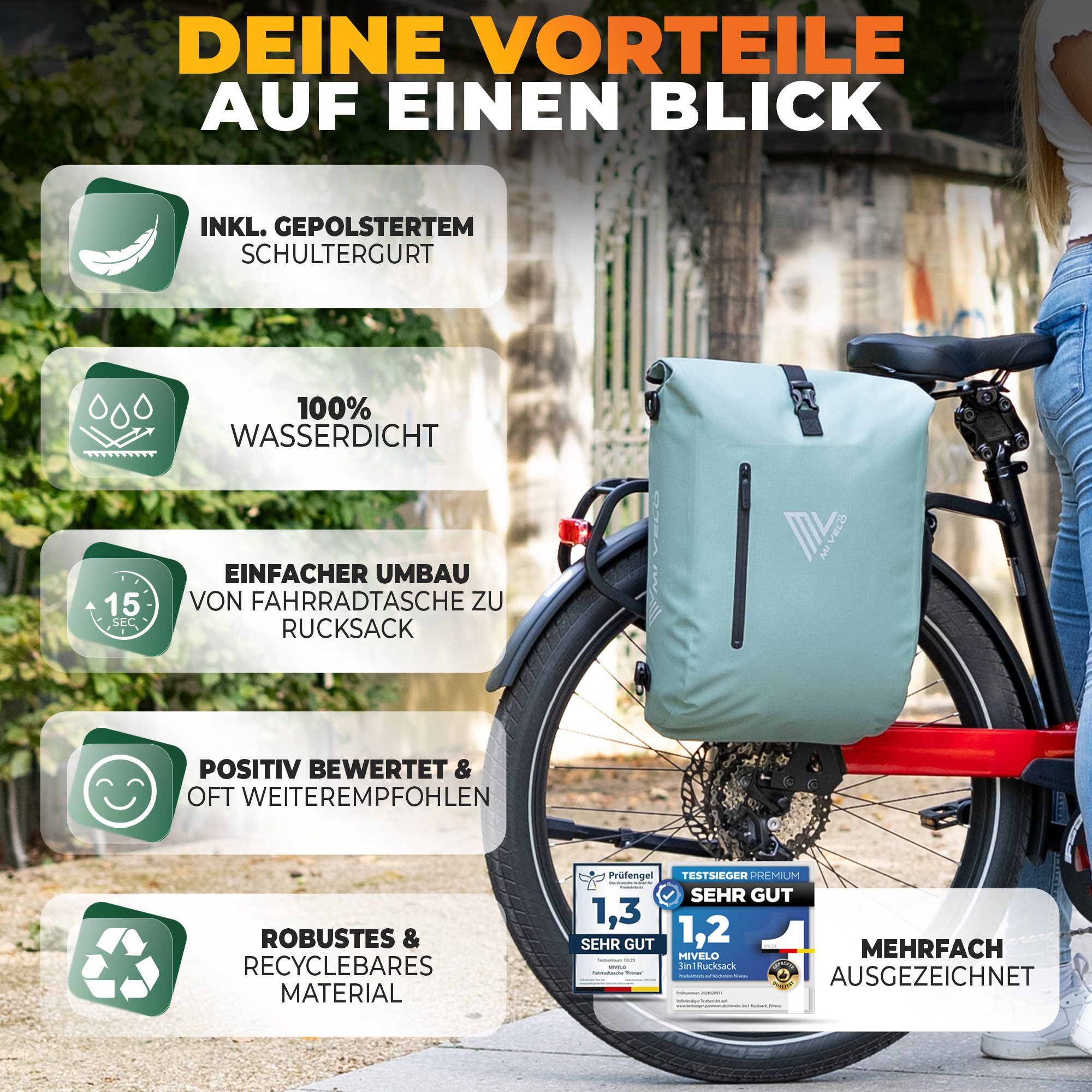 MIVELO Fahrradtasche 3in1 Gepäckträgertasche, Rucksack für Fahrrad Gepäckträger wasserdicht, 20L Volumen