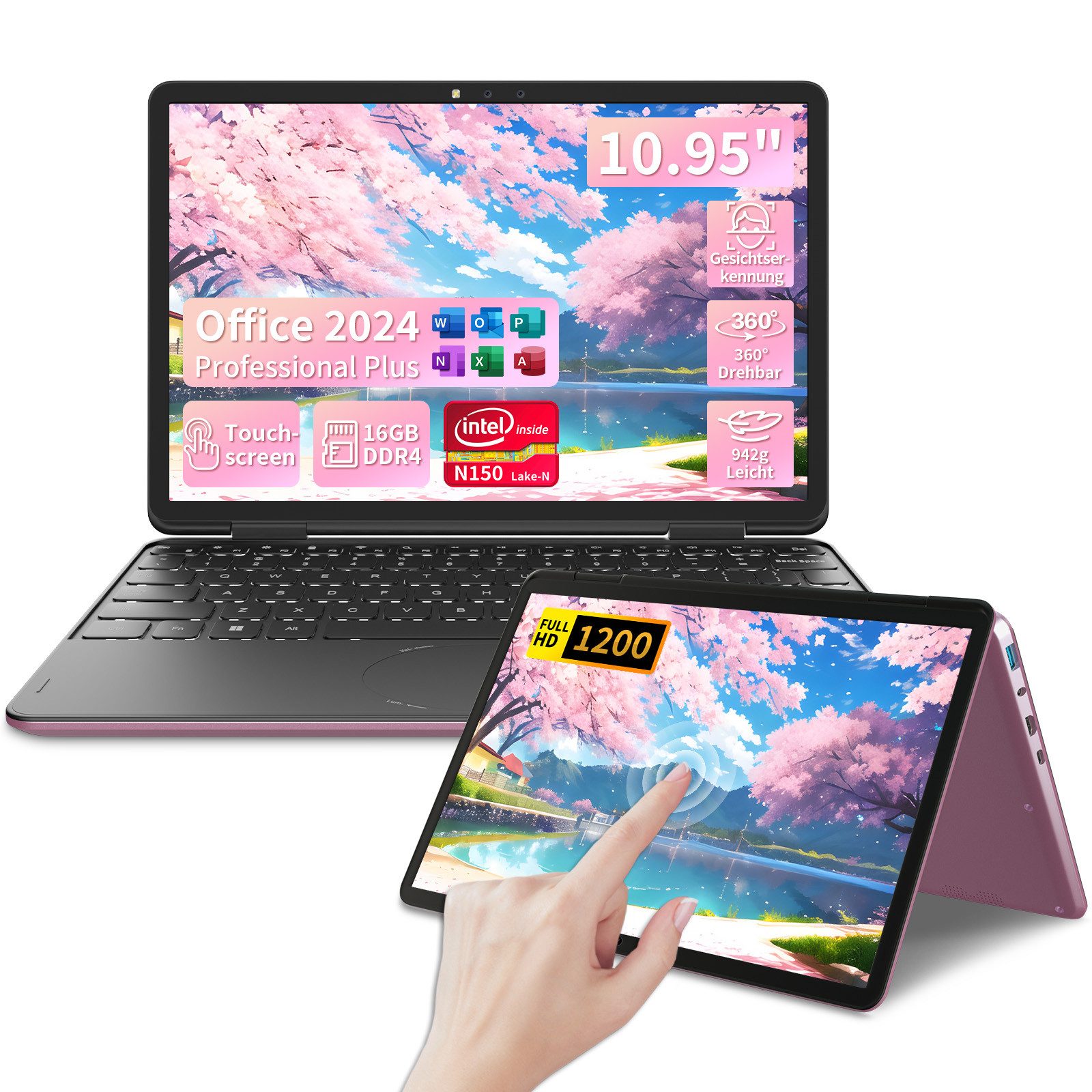 LONGEVINCE 2-in-1 Touchscreen Laptop 10,95", 16GB RAM + 238/476/960GB SSD Notebook (27,81 cm/10,95 Zoll, Intel, Intel Celeron N150, 476 GB SSD, 360° Flexibl, Windows 11 Pro + Office 2024)