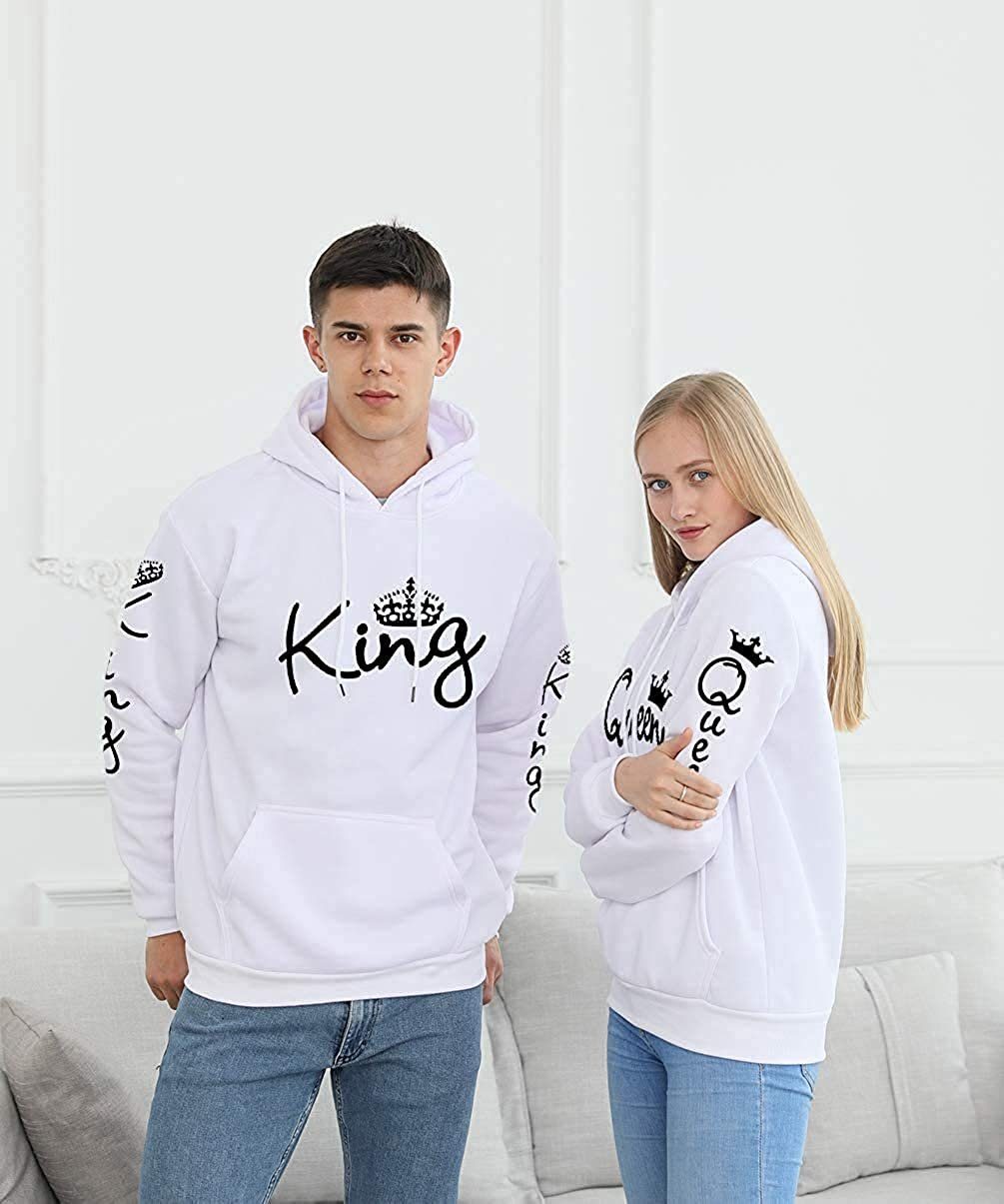 Couples Pullover Look Weiß trendigem King & Partner QUEEN im Shop Print Kapuzenpullover / Paare für Hoodie mit Queen
