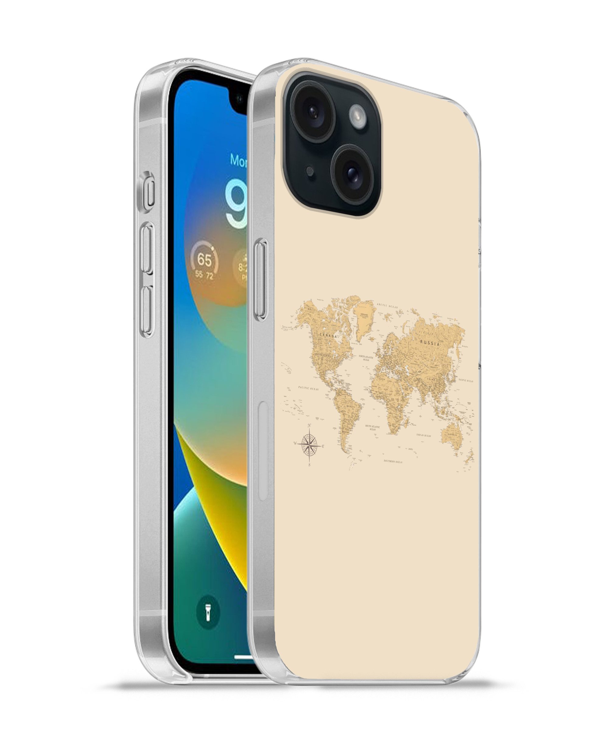 MuchoWow Handyhülle für Apple iPhone 15 Weltkarte - Realistisch - Beige, Smartphone-Bumper, Print, Handy Schutzhülle Dünn