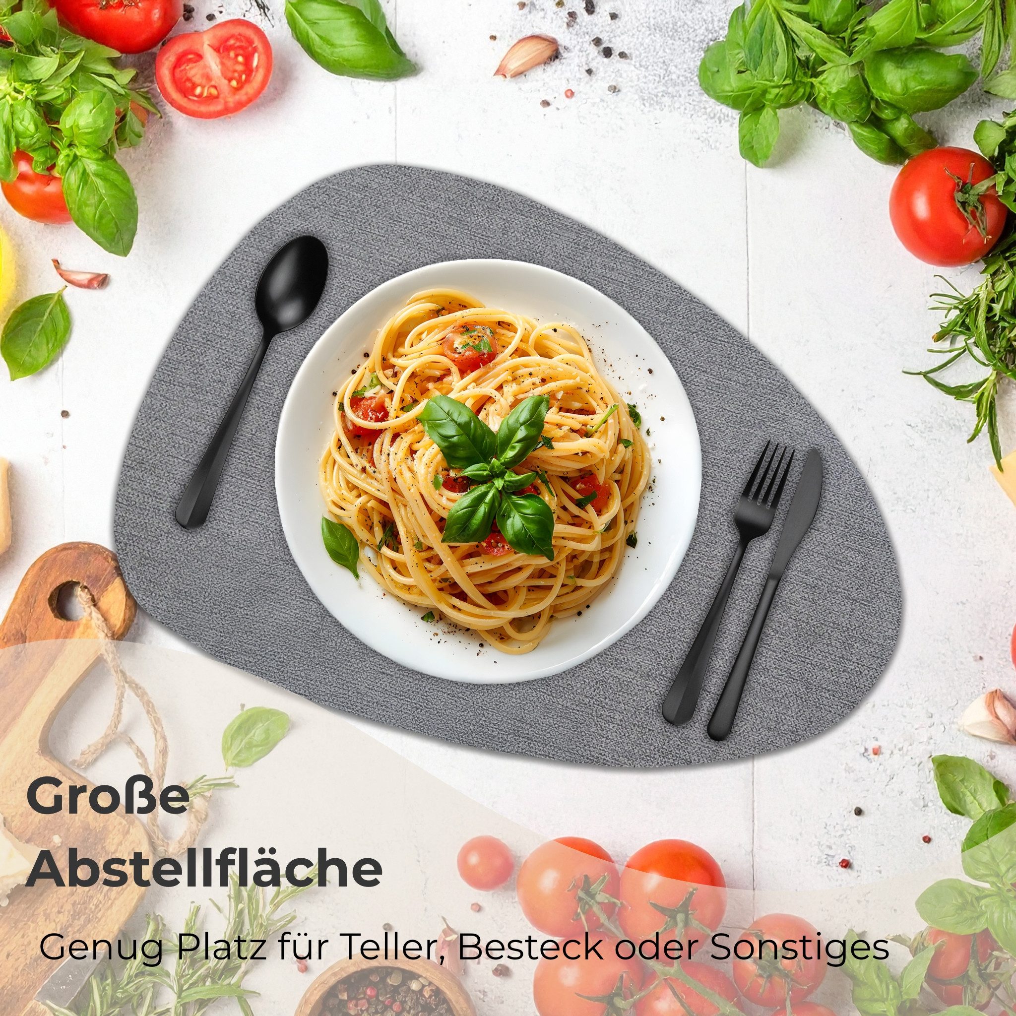 matches21 HOME & HOBBY Platzset Ovales Tischset mit Glasuntersetzer, 6er Set, in Grau meliert, (6-St), Hitzebeständige abwaschbare PVC Platzsets – Bild 4 von 5