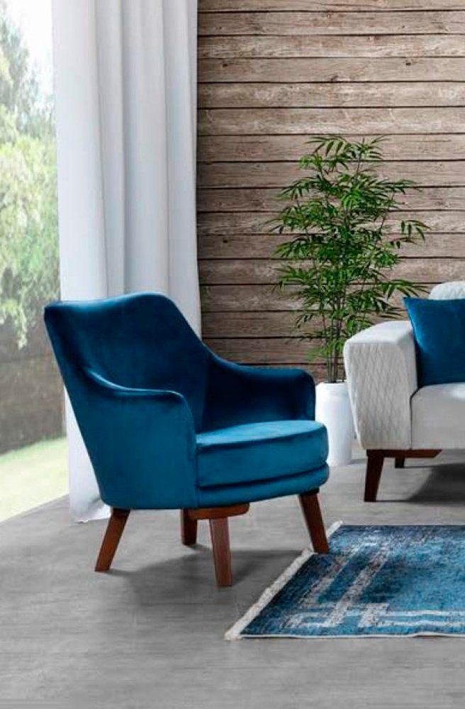 JVmoebel Sessel Möbel Einsitzer Samt Stoff Blau Wohnzimmer Textil Sessel Luxus Design