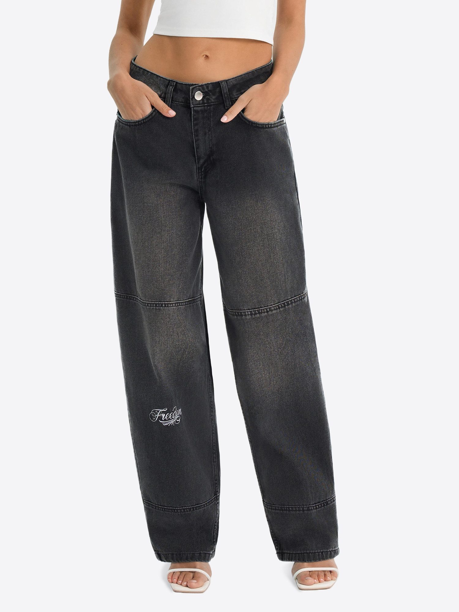 Boyfriend-Jeans Damen Wide Leg Jeans aus Baumwolle Denim Baggy mit Stickerei