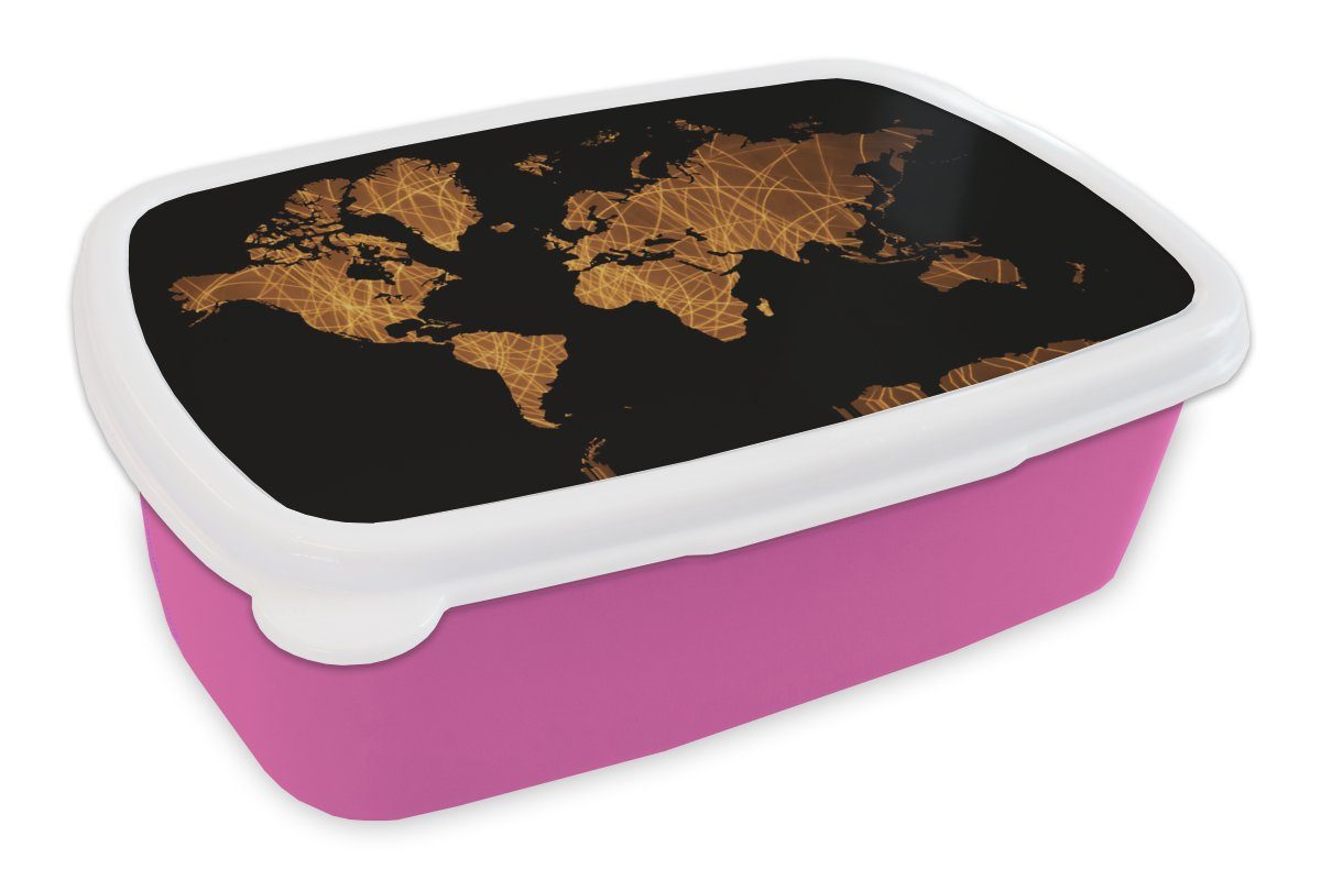 MuchoWow Lunchbox Weltkarte rosa Erwachsene, - Schwarz Kinder, Kunststoff Gold, Snackbox, - (2-tlg), Brotdose Mädchen, Kunststoff, für Brotbox