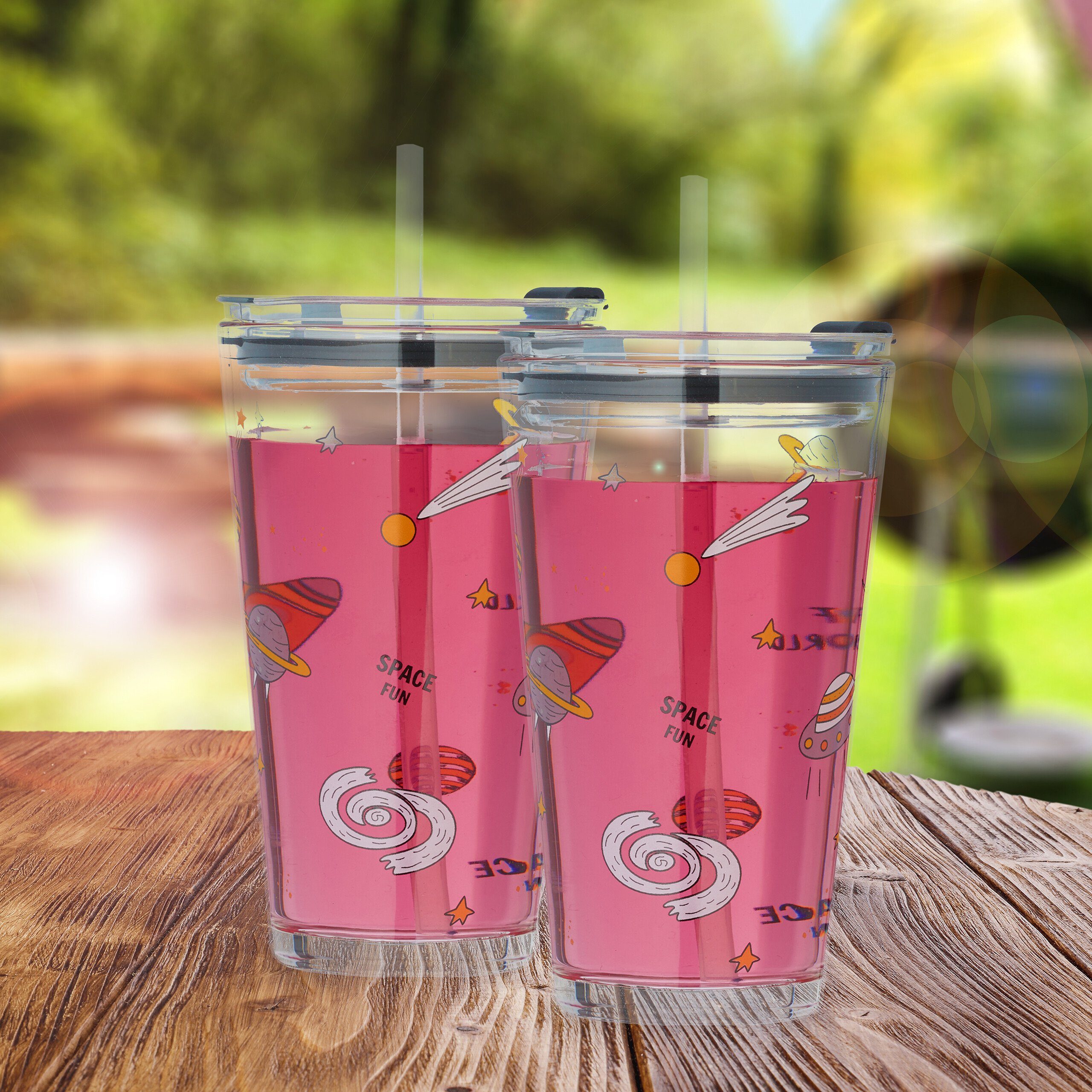 relaxdays Kinderbecher 4er Set Kindergläser mit Weltraum-Motiv, Glas