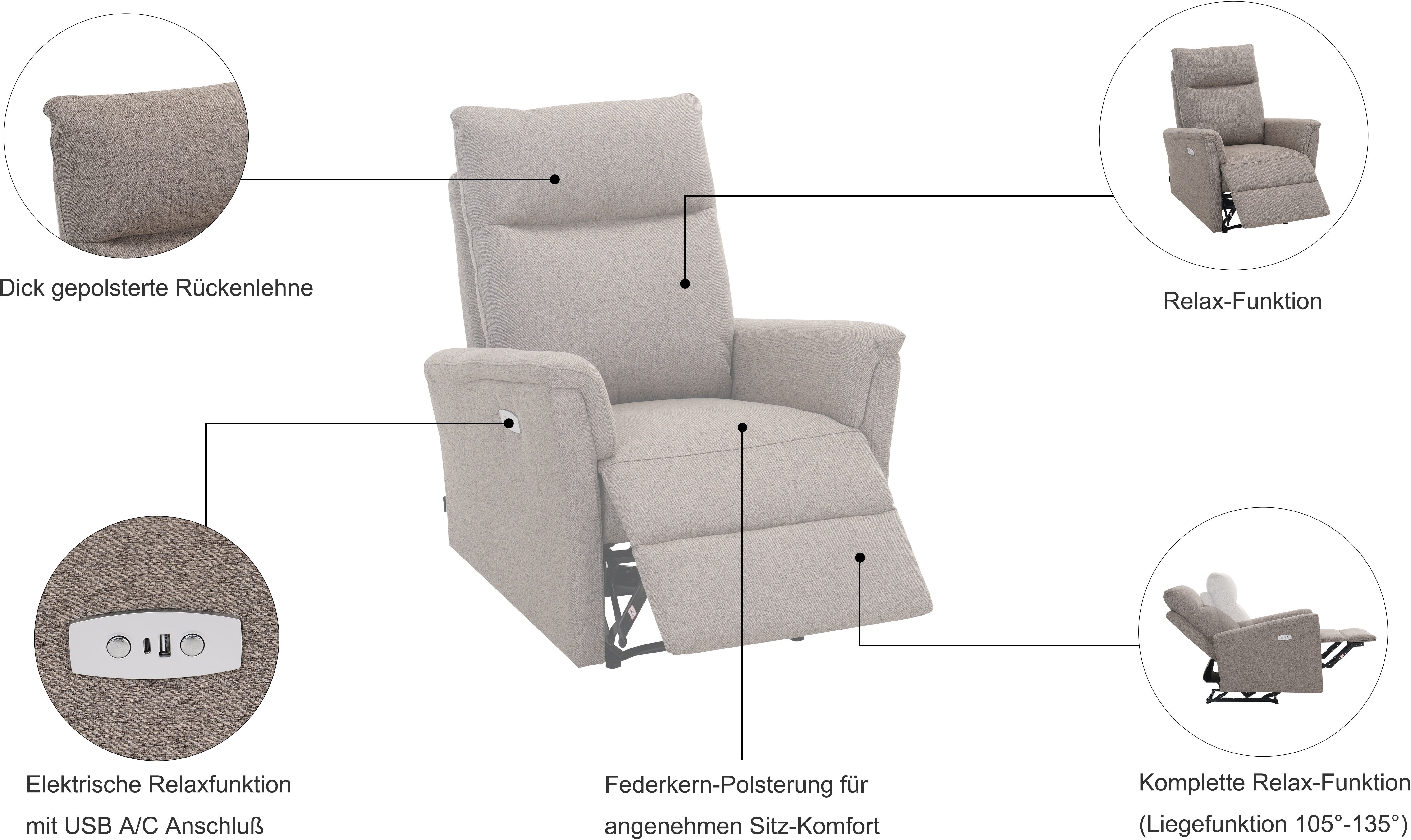 Home affaire Relaxsessel FINNARA, Relaxsessel, TV-Sessel, elelektrische Relaxfunktion, USB A/C, Liegefunktion 105°-135°, Federkern
