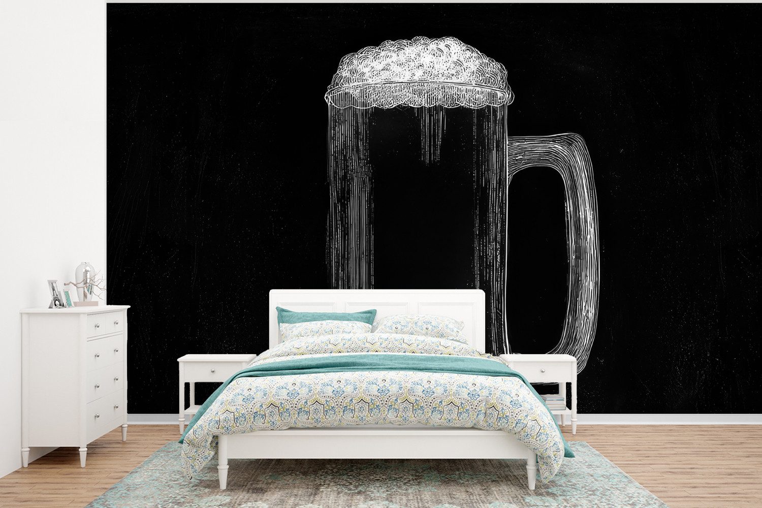 MuchoWow Fototapete Bierkrug - Schaumstoff - Kreidezeichnung, Matt, bedruckt, Vliestapete für Wohnzimmer Schlafzimmer Küche, Fototapete, 350x260 cm