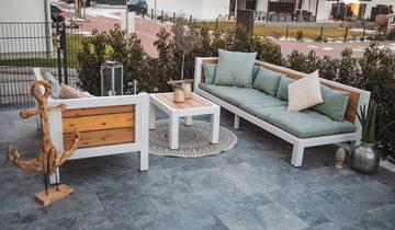 Holzbegehrt Gartenlounge-Set Stammtisch, Wetterbeständiges Massivholz und bequeme Sitzkissen aus 100% Baumwolle