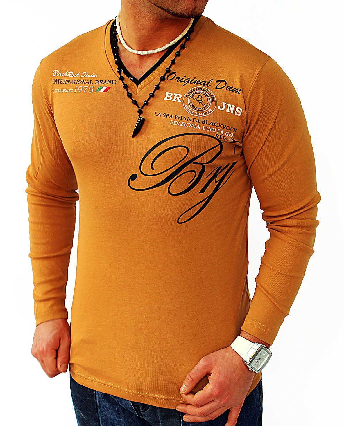 Braun Henley BLACKROCK Sweatshirt Pulli Langarmshirt 2-in-1-Langarmshirt V-Neck (W119) Longsleeve V-Kragen Herren