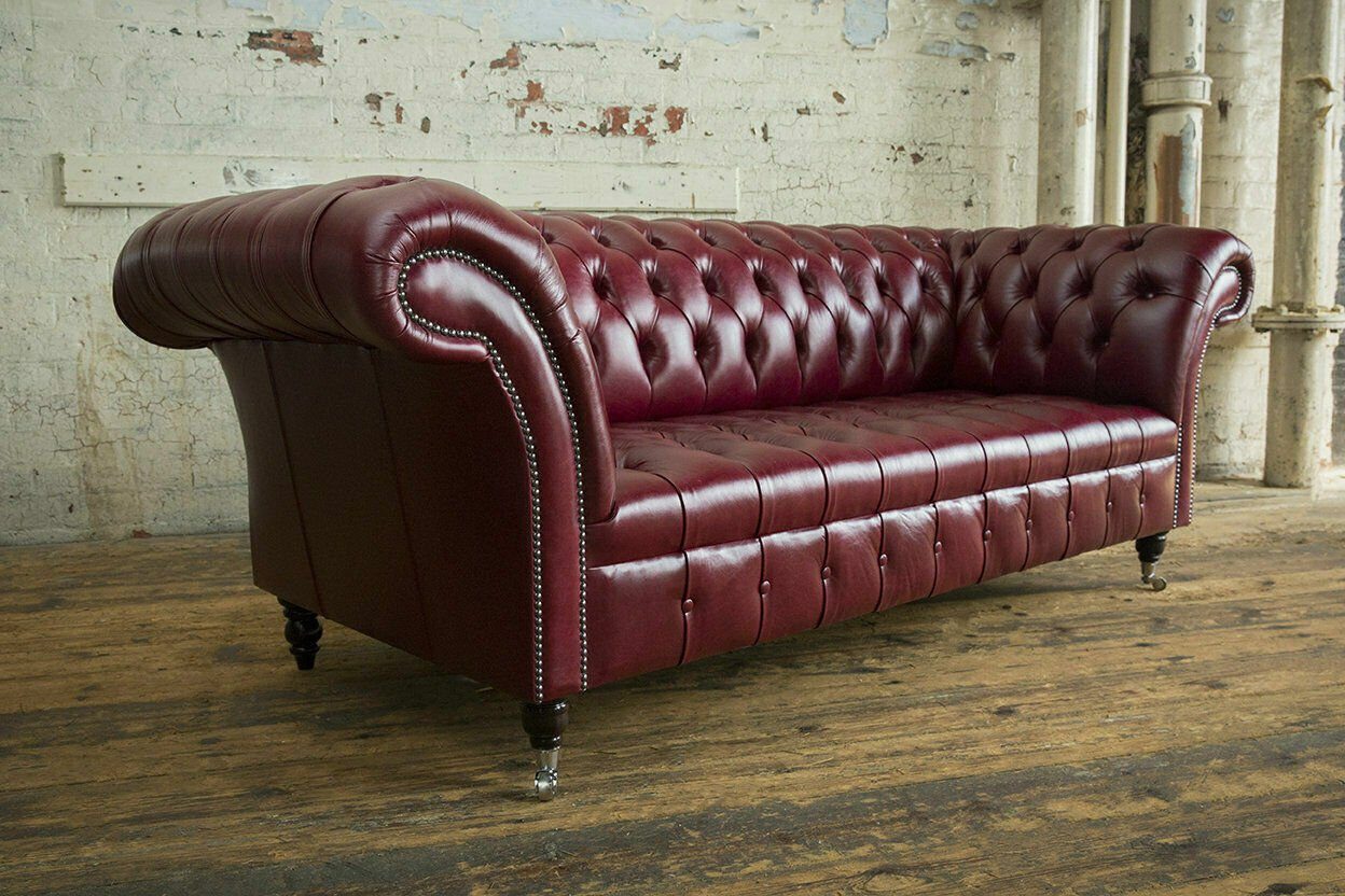 JVmoebel Chesterfield-Sofa Chesterfield Bordaux XXL Big 3Sitzer Sofa Leder 100% Leder Sofort, Made in Europa
