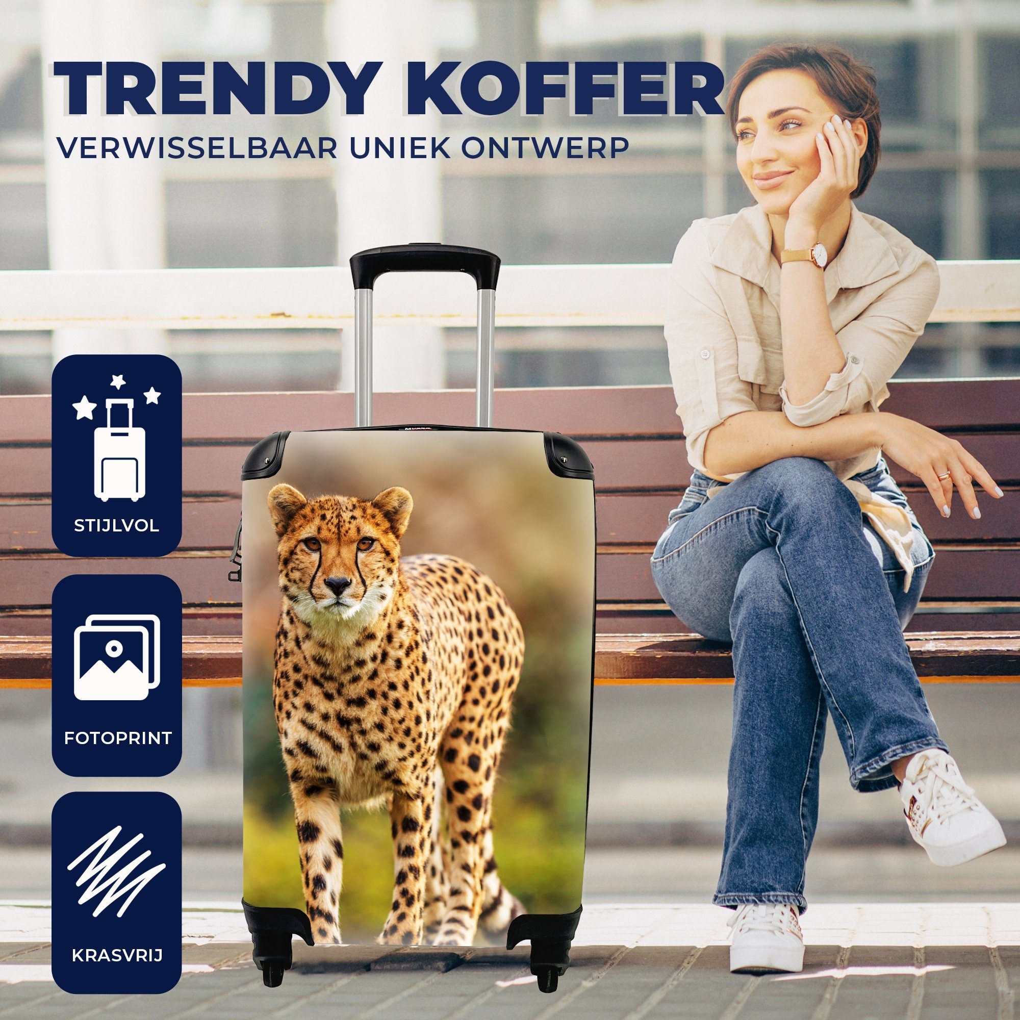 MuchoWow Natur, Handgepäckkoffer Rollen, Ferien, rollen, Leopard Handgepäck - Reisekoffer 4 - für mit Reisetasche Wildtiere Gras Trolley, -