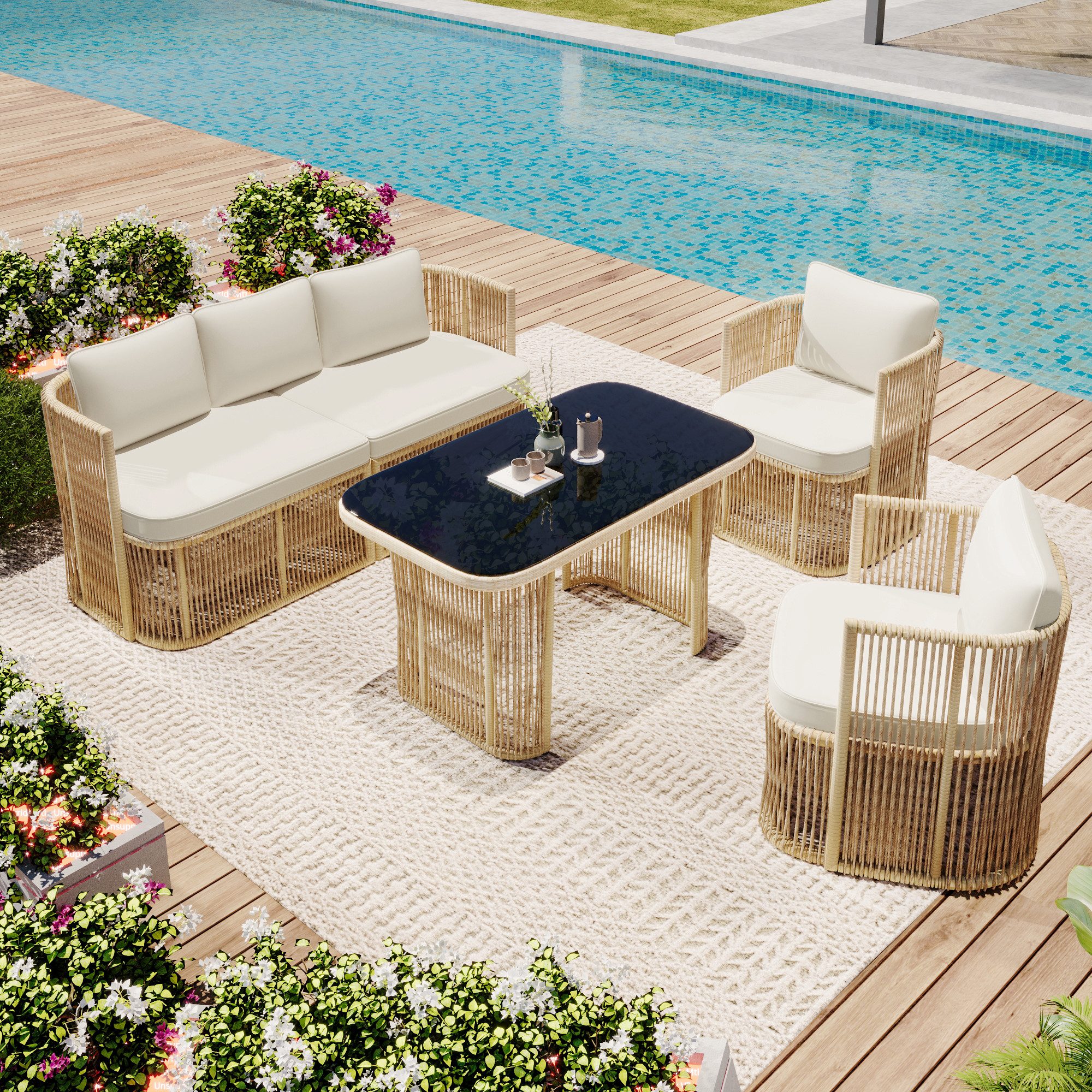 Flieks Gartenlounge-Set, 5-Sitzer Gartenmöbel Balkonset aus PE-Rattan mit gehärtetem Glasplatte