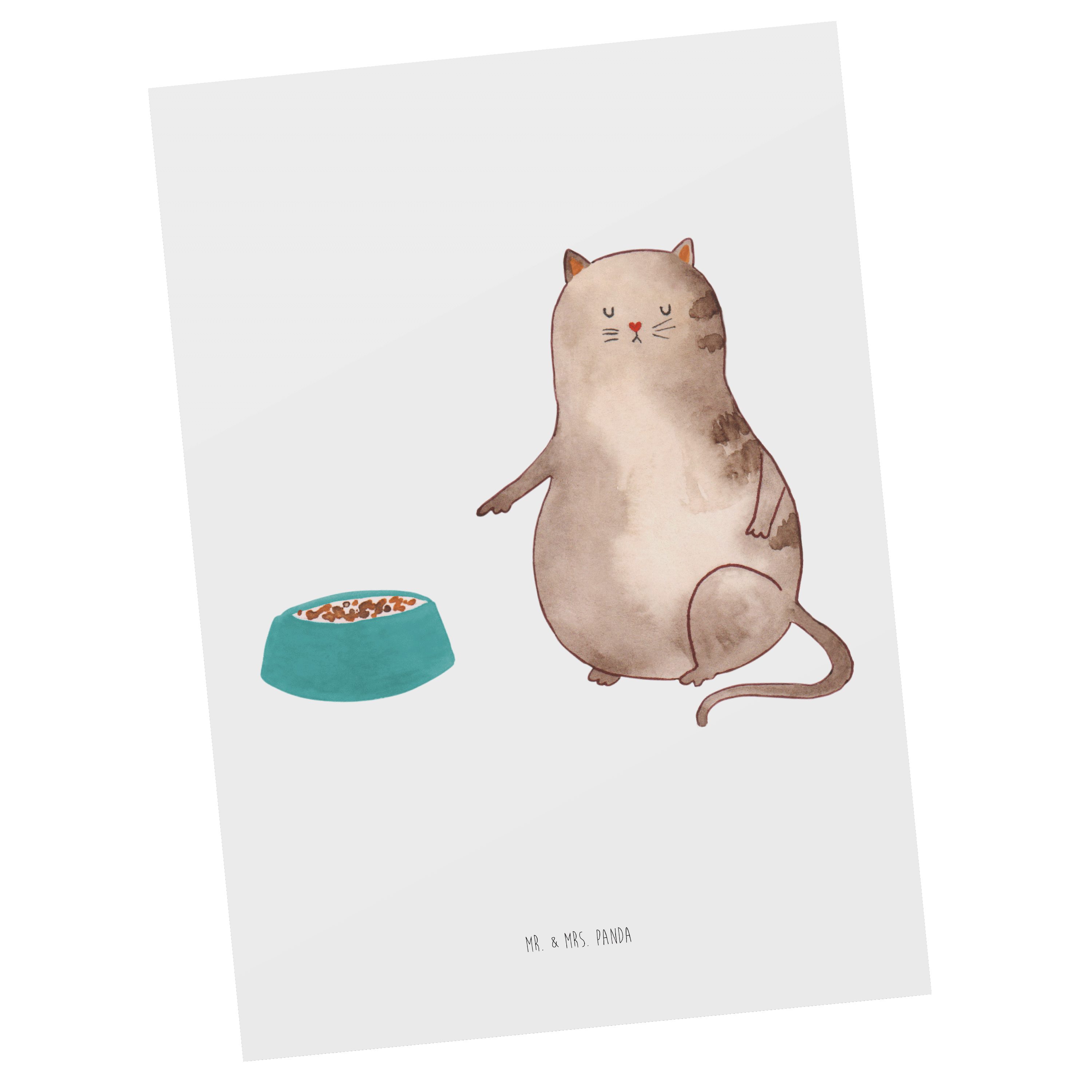 Mr. & Mrs. Panda Postkarte Katze fressen - Weiß - Geschenk, Einladungskarte, Katzenliebhaberprod