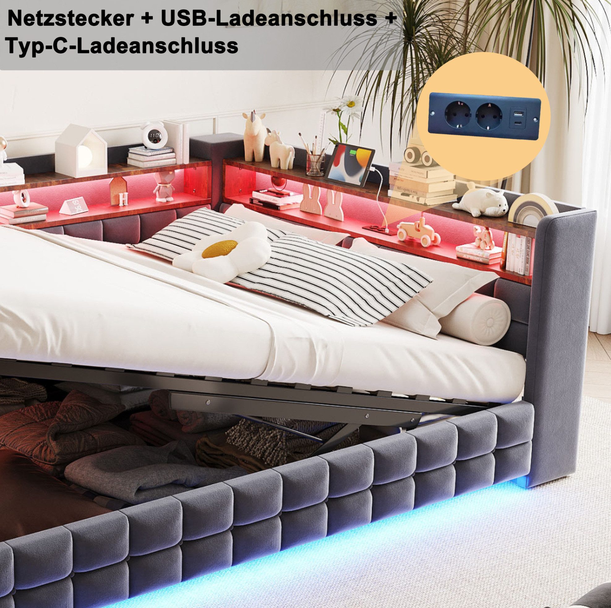REDOM Schlafsofa Hydraulischer Stauraum, LED-Beleuchtung, USB- & Typ-C-Ladeanschlüsse, Polsterbett Stauraumbett 140x200 cm 1 Teile, Inklusive Matratze