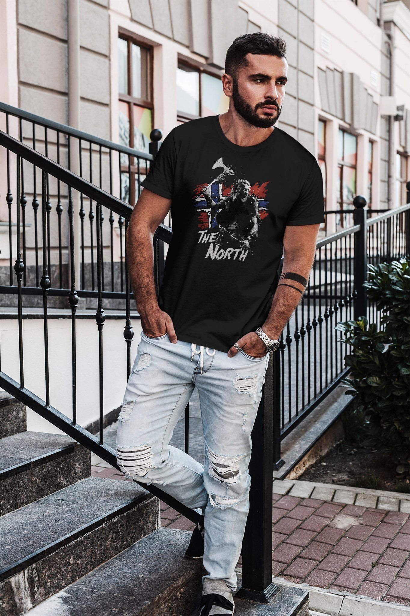 Neverless Print-Shirt Herren T-Shirt The North Wikinger Berserker Norwegen Valhalla Odin mit Print – Bild 3 von 3