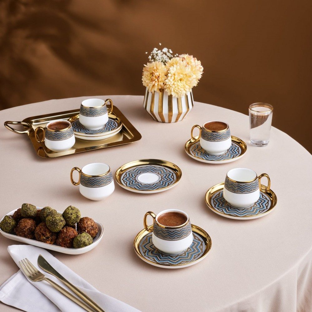 Karaca Kaffeeservice Karaca Suadiye 90 ml Kaffeetasse mit Untertasse Set 6 Personen, Blau