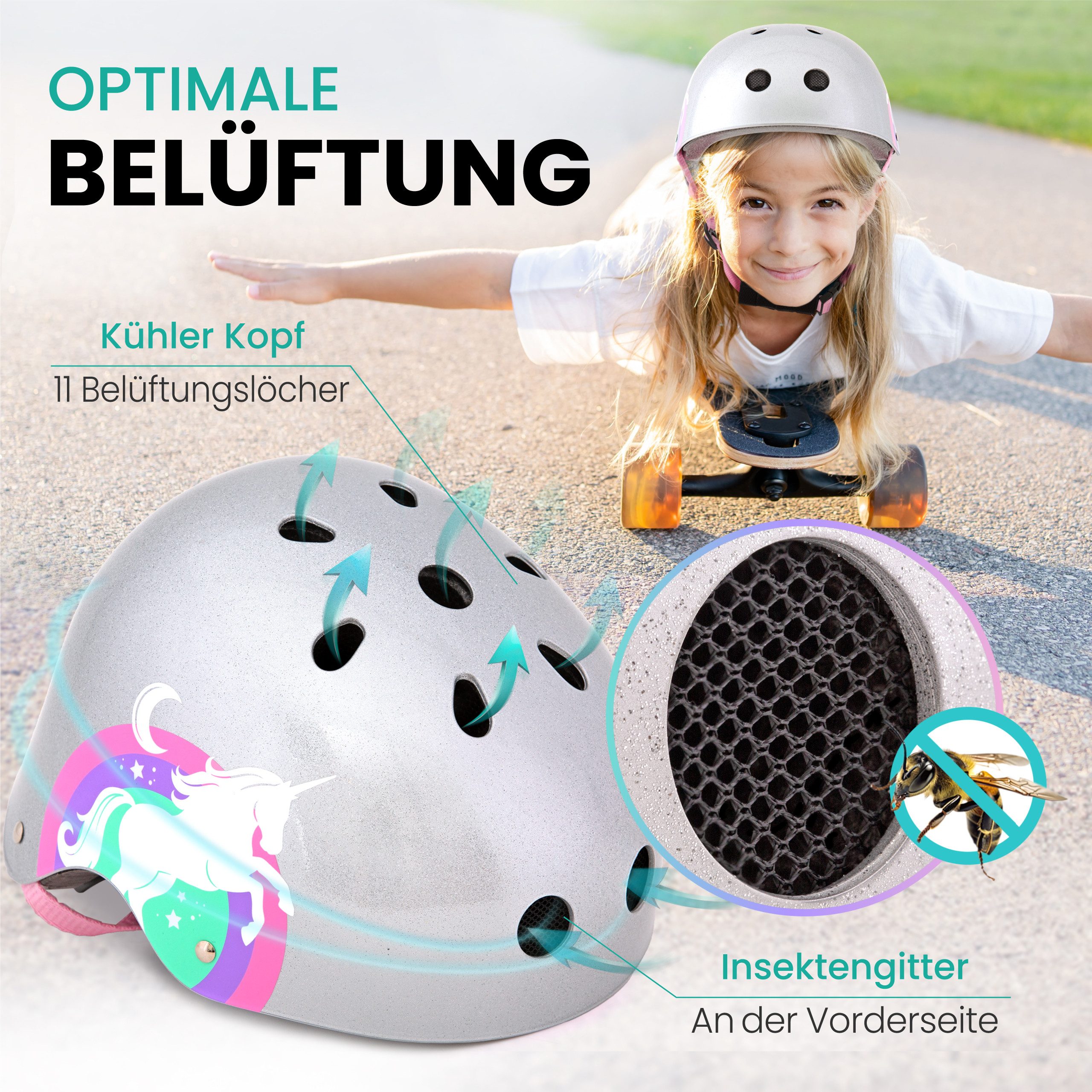 99FLIPS Fahrradhelm Mädchen ab 3 Jahre Skateboard Helm Kinder Einhorn Design, Kinderhelm Inliner Fahrrad Helm Pink Kleinkinder Schlittschuhe – Bild 2 von 5