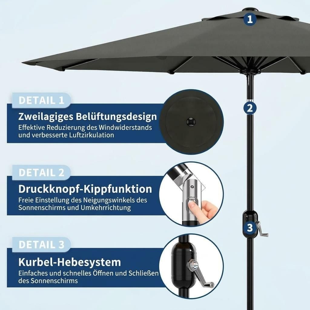 GarveeMore Sonnenschirm 270 cm mit Kurbelbedienung & Neigefunktion,UV50+ wasserabweisend, robuster Gartenschirm mit 8 Rippen für Garten,Terrasse,Balkon & Pool