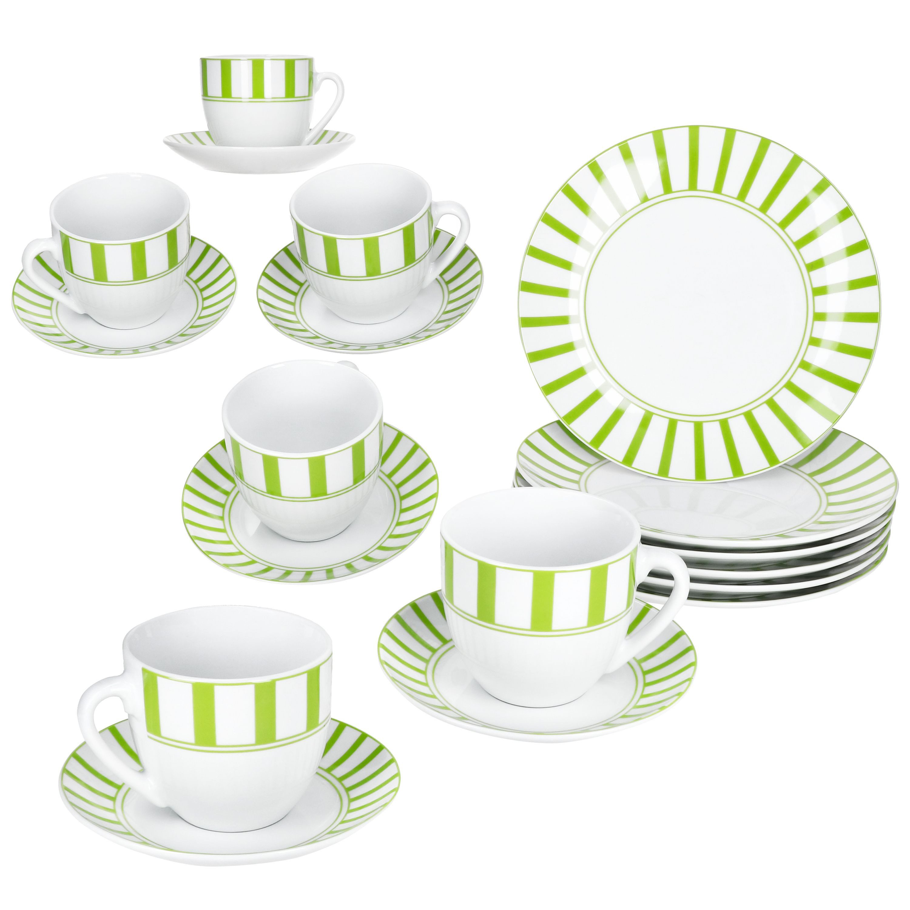 MamboCat Kaffeeservice 18tlg Kaffeeservice Split grün Porzellan 6 Pers Tasse Teller Streifen, Porzellan