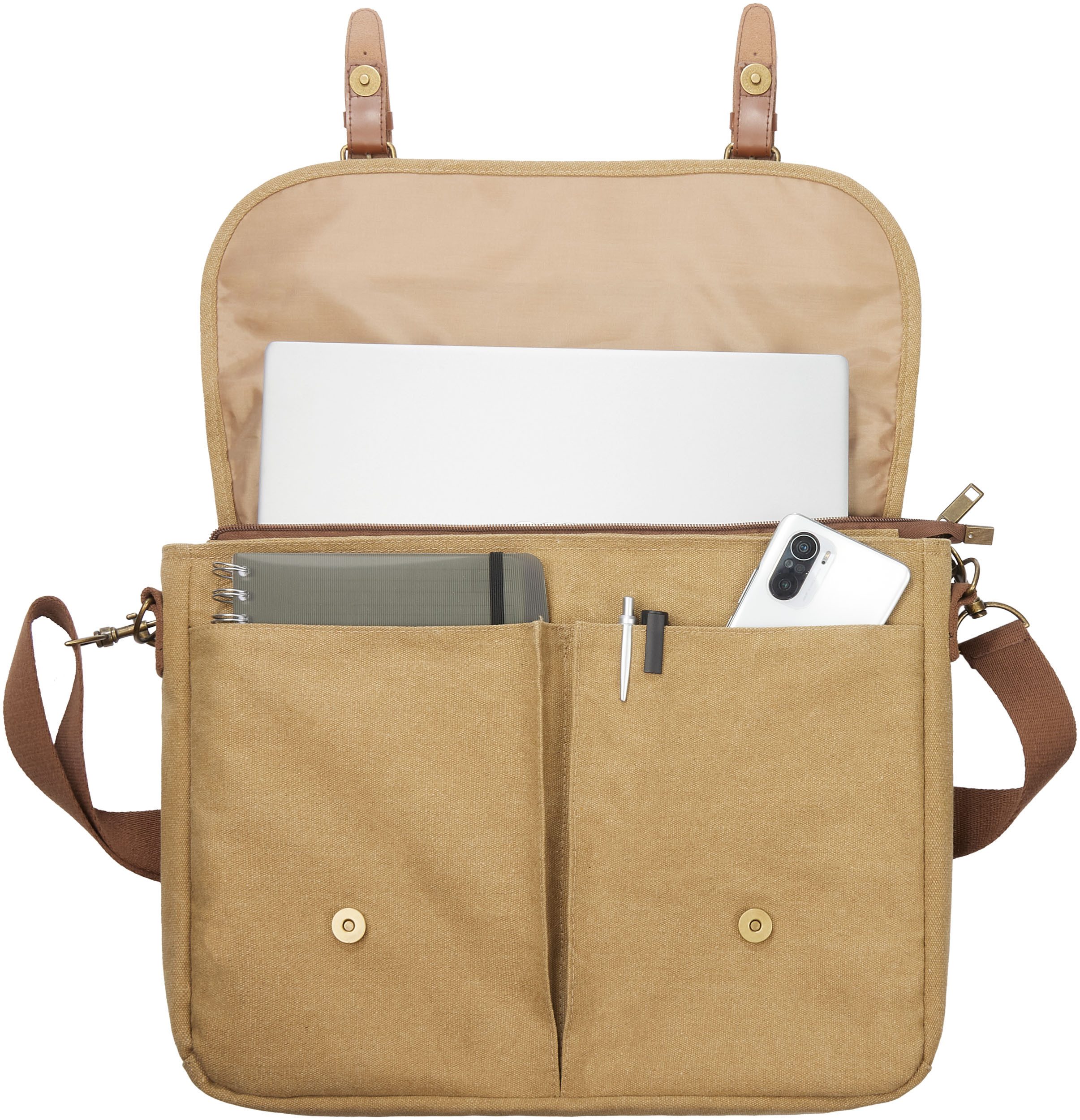 BRUBAKER Laptoptasche "Safari" - Vintage Umhängetasche aus Poly Canvas (Retro Arbeitstasche für Laptop - Messenger Bag, 1-tlg., Braun), Aktentasche für Herren und Damen mit Magnetverschluss