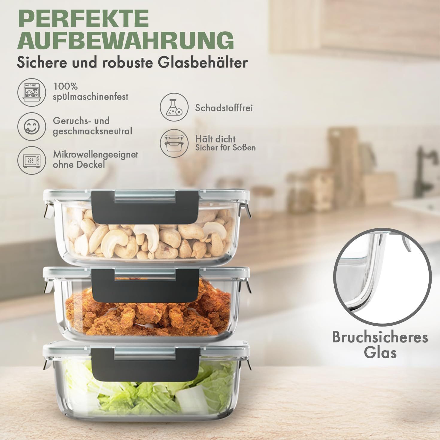 Lemontree Vorratsdose mit Deckel Luftdicht - Meal Prep Boxen Glas - Mikrowellengeeignet, Hochborosilikatglas, (Vorratsdosen-Set (3-teilig, groß je 1040 ml), Meal Prep Boxen 3er Set - 1040ml - auch als 5er & 10er Set erhältlich), Luftdicht, auslaufsicher, stapelbar, mikrowellen-, ofen- & gefrierfest