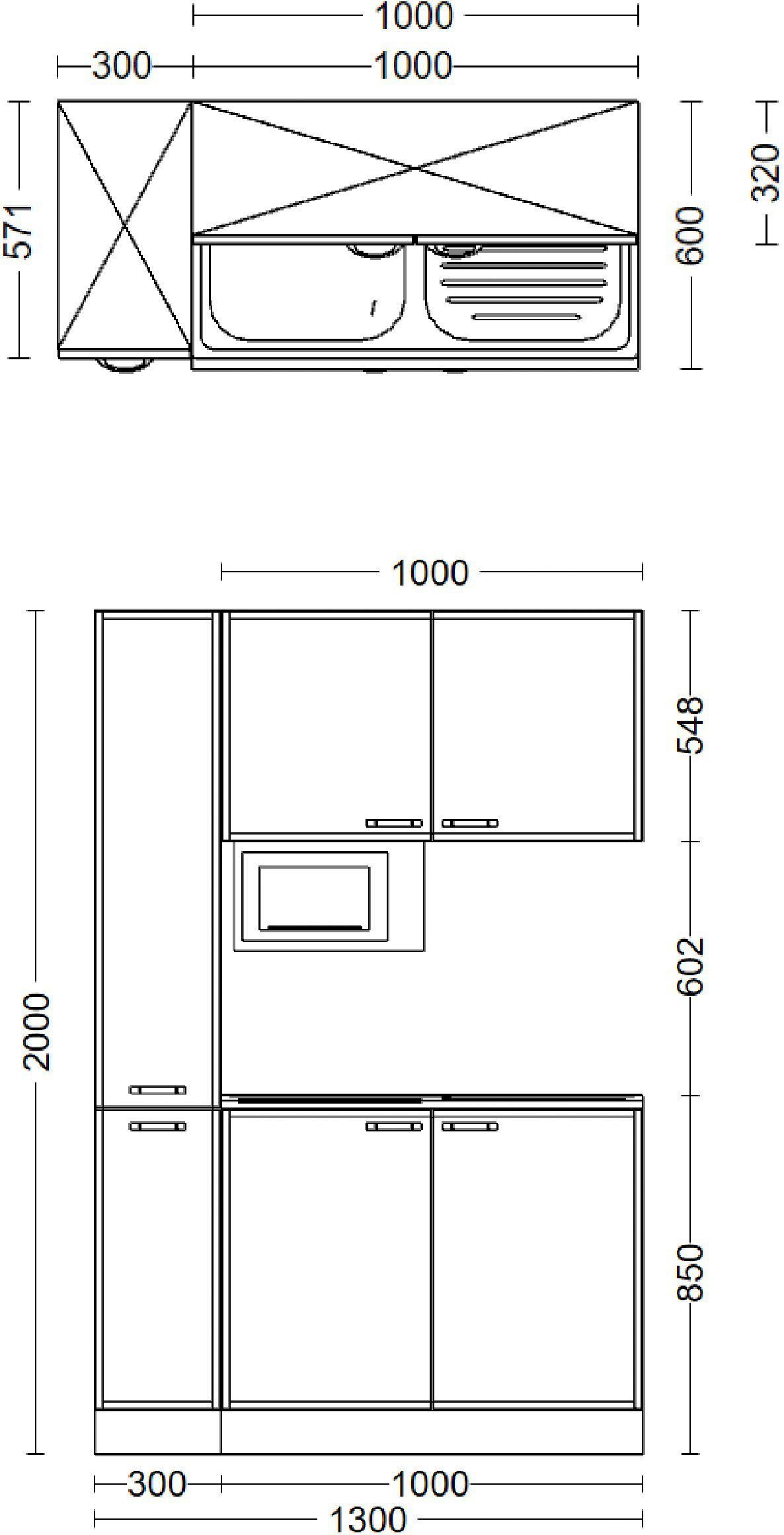 Flex-Well Küchenzeile Florenz, Gesamtbreite 130 cm, mit Apothekerschrank und Mikrowelle, viele Farben