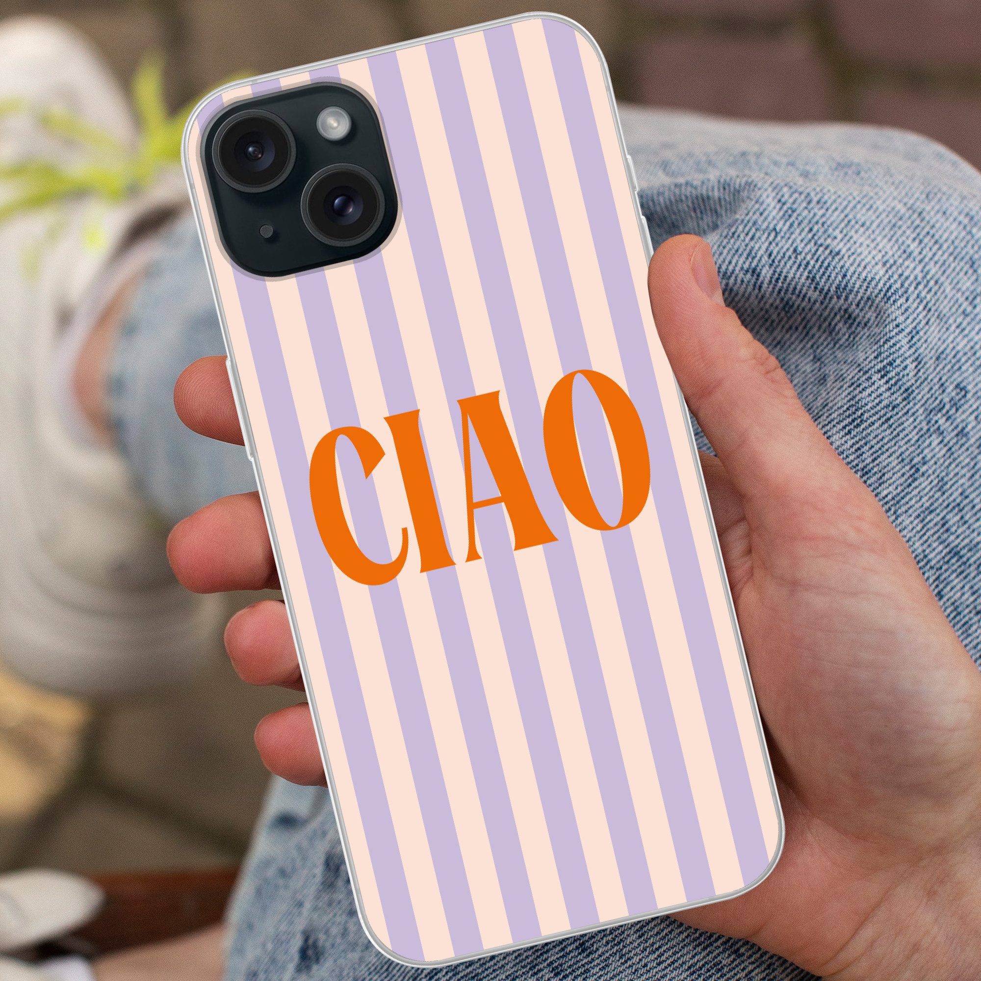 MuchoWow Handyhülle für Apple iPhone 15 Plus Ciao - Zitat - Pastell - Streifen, Smartphone-Bumper, Print, Handy Schutzhülle Dünn