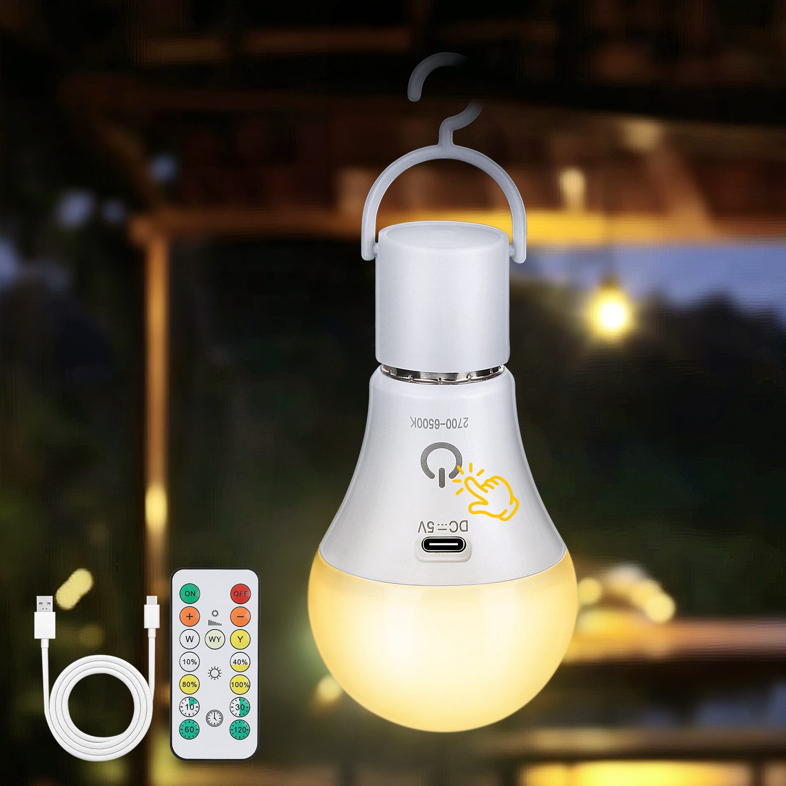 Kimjo LED-Leuchte wiederaufladbare 7W E27 LED-Glühbirne mit USB-C-Ladung (1 St), dimmbar, Fernbedienung mit Timer & Touch, Notlicht für draußen