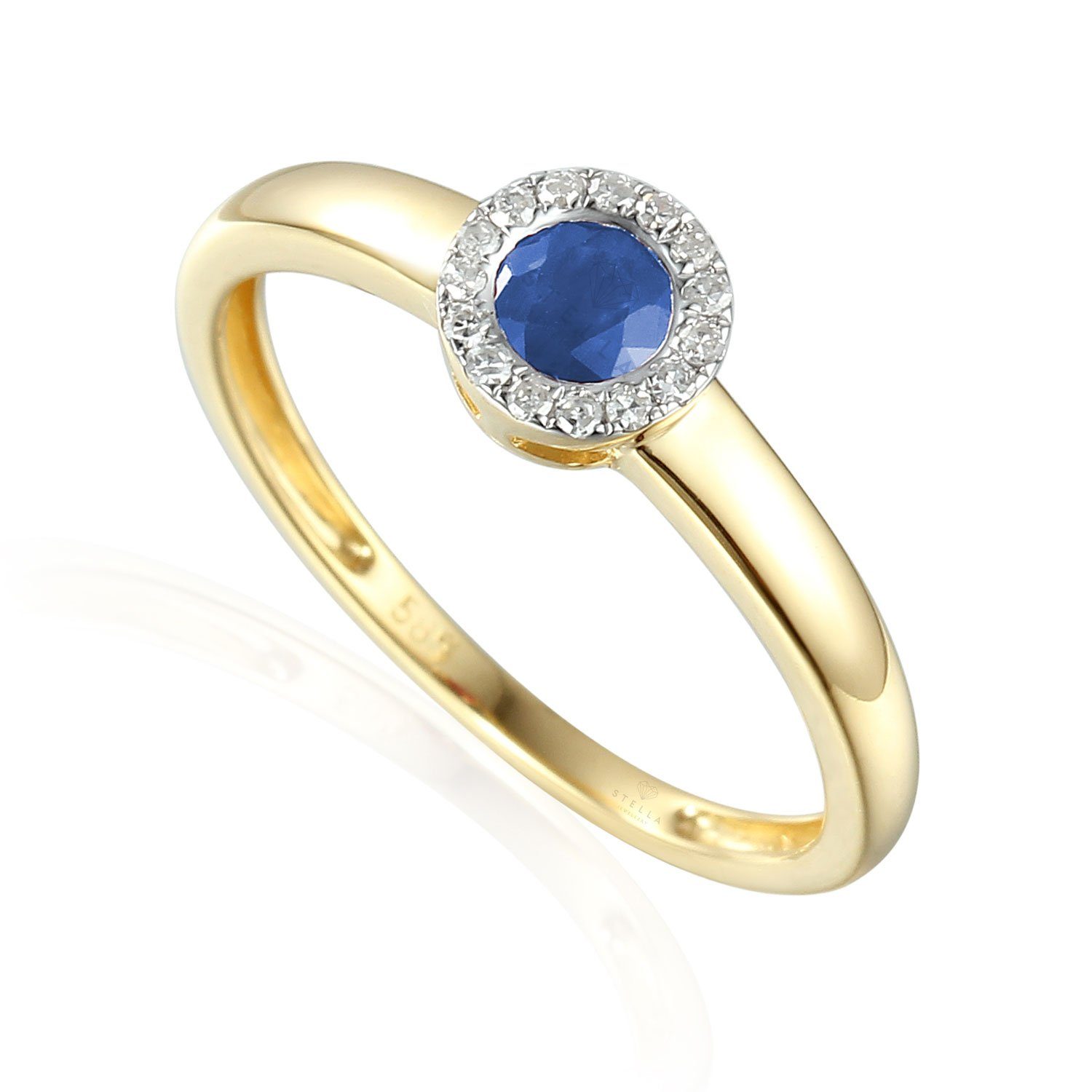 Solitärring 585er Gelbgold Damenring mit Saphir und Diamanten