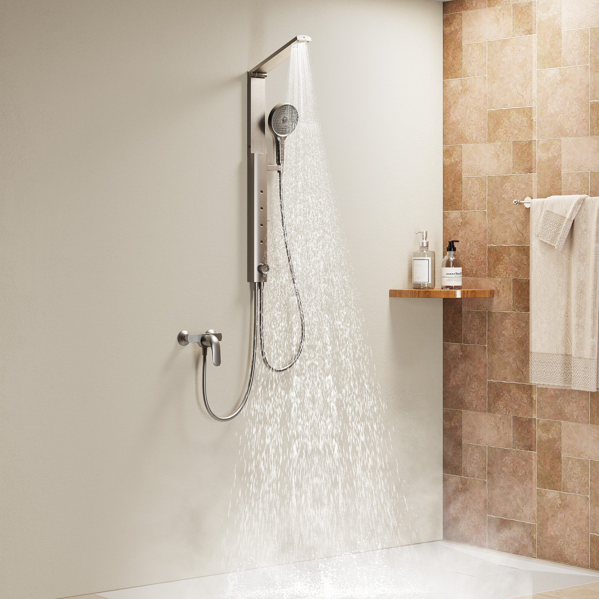 HOROW Duschsystem Regendusche Set mit Thermostatarmatur, Massagedusche Set, 4 Strahlart(en), Regendusche Set, 4 Massage-Modi, Klappbares Duschset, Höhenverstellbar