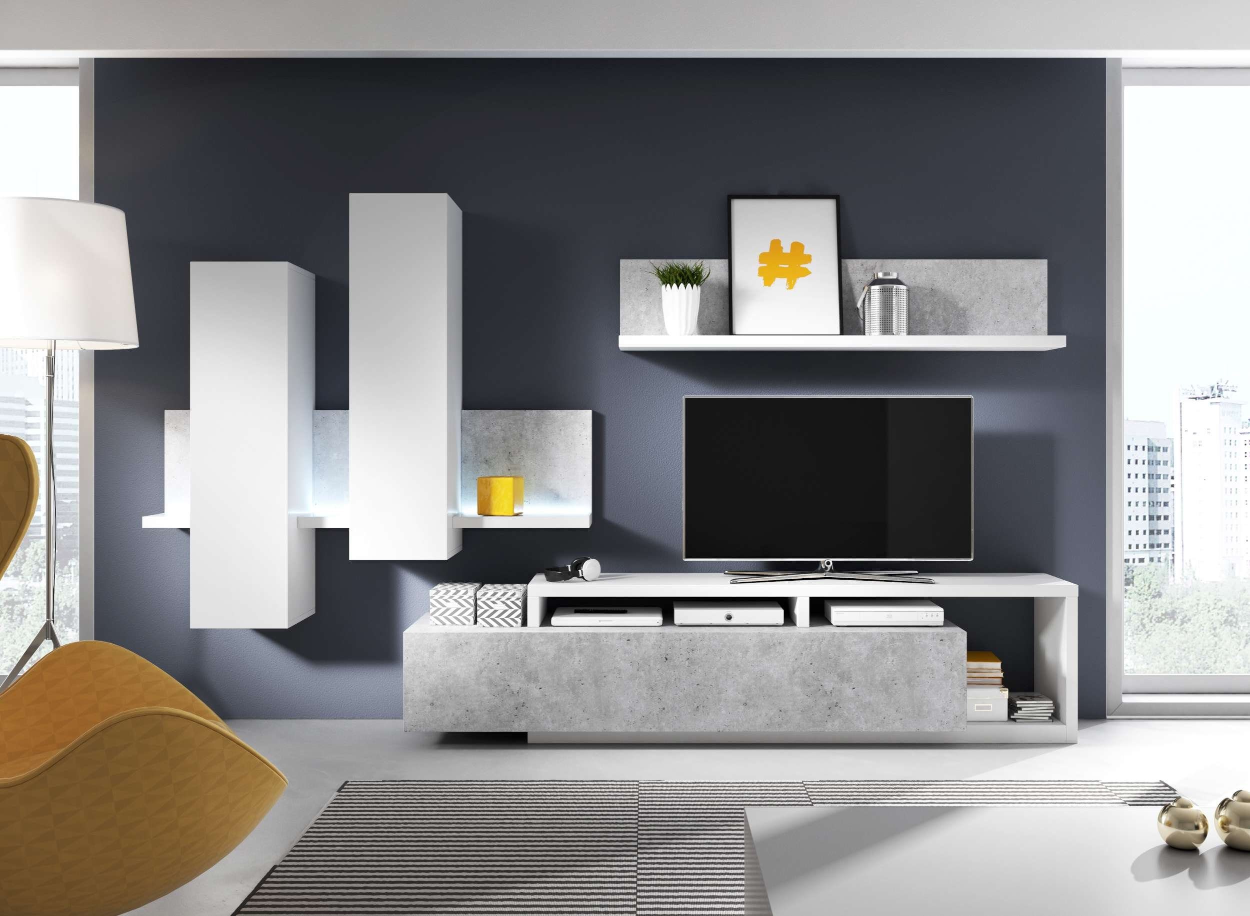 Stylefy Wohnwand Monstera, (Set (3-St), Wohnzimmer-Set), bestehend aus 1xHängevitrine, 1xLowboard und 1xWandboard, inkl. LED-Beleuchtung, variabel stellbar, Modern Design Weiß - Beton
