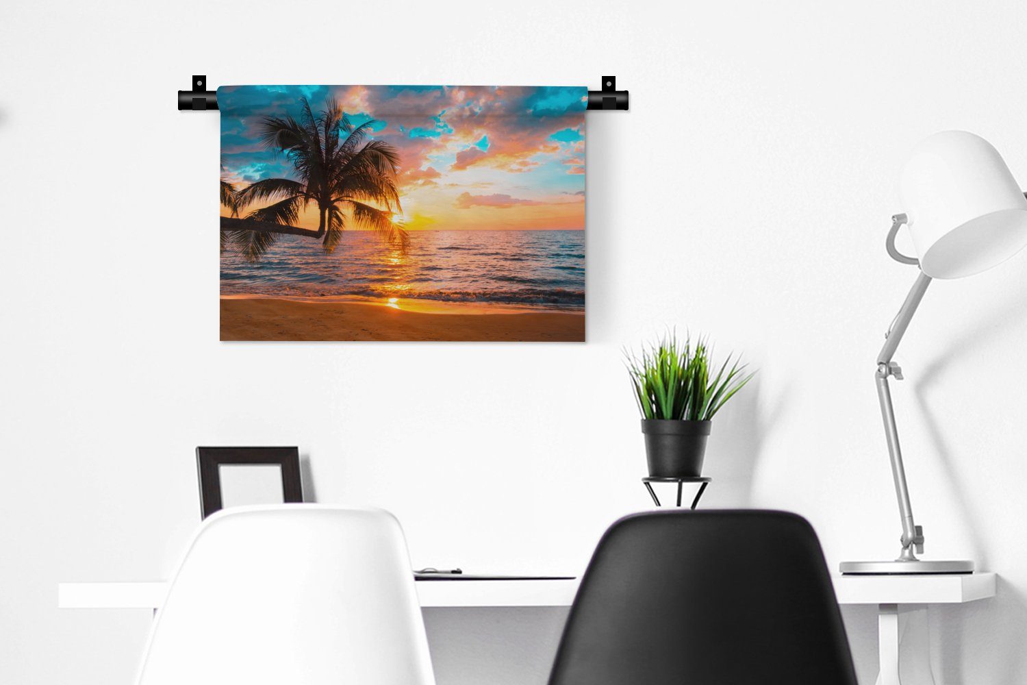 - Meer Schlafzimmer, - Strand - Kleid, - Sonnenuntergang für Horizont Wandbehang, MuchoWow Wohnzimmer, Wanddekoobjekt Kinderzimmer Tropisch, - Palme Wanddeko