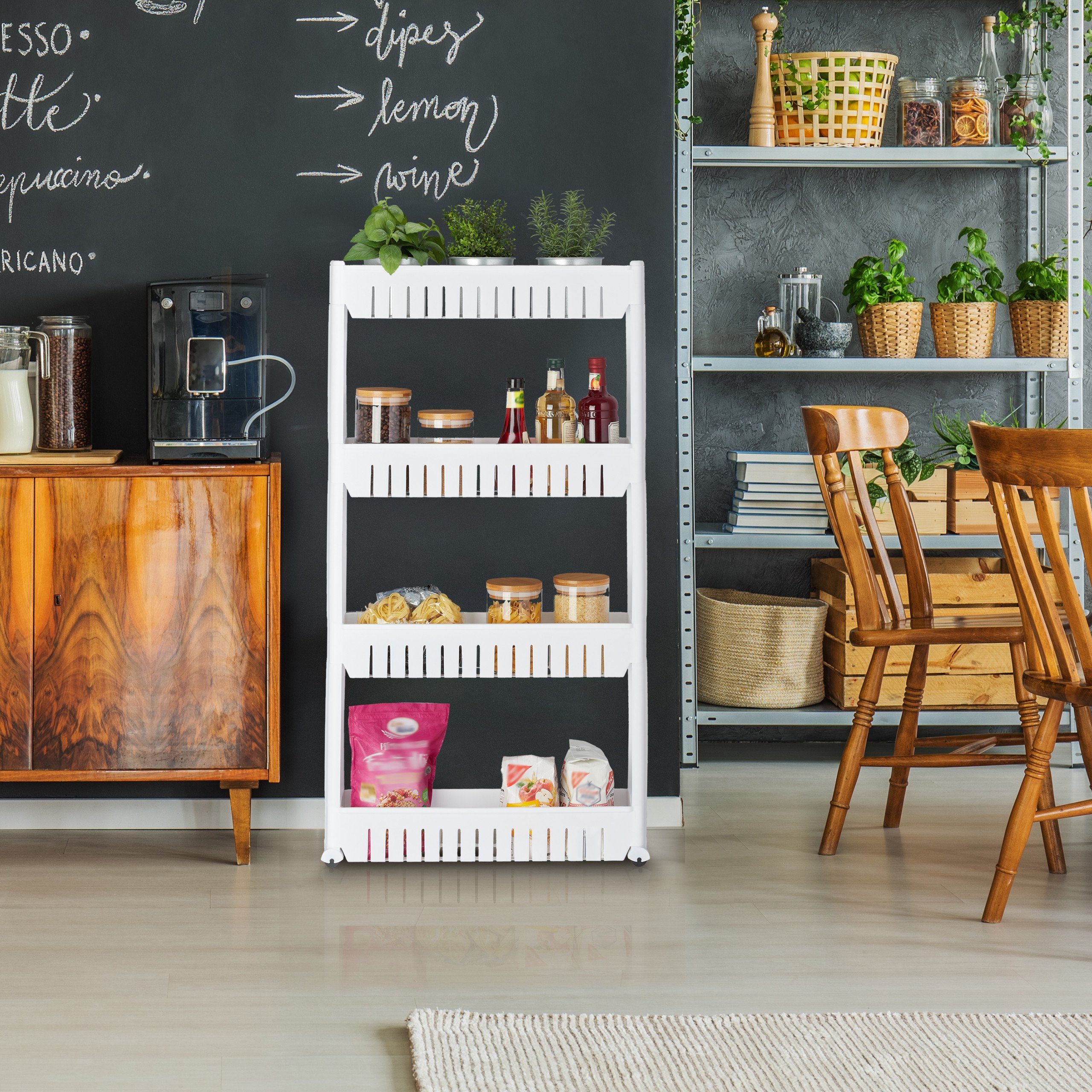 relaxdays Küchenregal Schmaler Nischenwagen mit 4 Ablagen, weiß günstig online kaufen