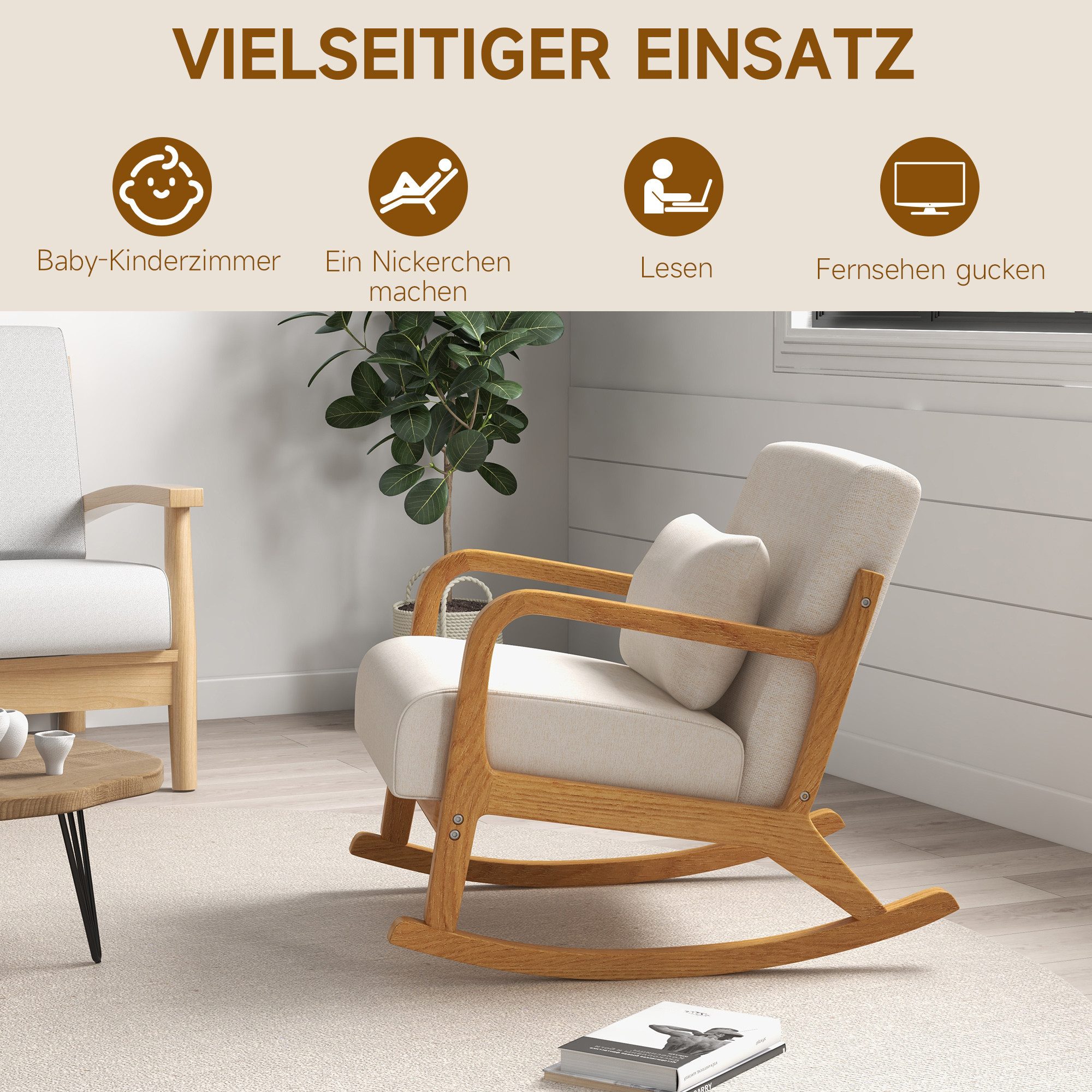 HOMCOM Schaukelstuhl Schwingsessel mit Holzgestell, Relaxsessel mit Armlehne (Schaukelsessel, 1 St), für Schlafzimmer, Wohnzimmer, Creme – Bild 4 von 5