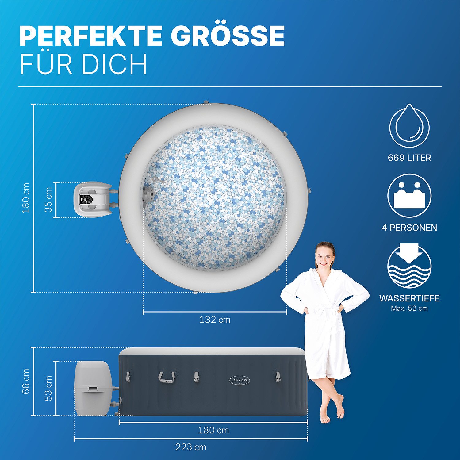 Bestway Whirlpool LAY-Z-SPA Miami AirJet™, Aufstellbecken, (Set, 1-tlg., Inkl. integrierter Energiespardämmung EnergySense®, max. 4 Personen), Ø 180 x 66 cm