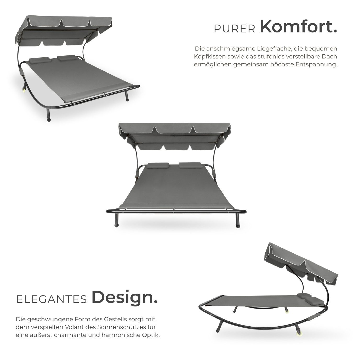 tectake Gartenliege Sonnenliege, widerstandsfähig und UV-beständig, 215 x 183 x 150 cm, Balkonliege Livorno für 2 Personen, 1 St., für Außen in Schwarz/Grau, stufenlos verstellbares Sonnendach, 2 Transportrollen, 2 Kopfpolster