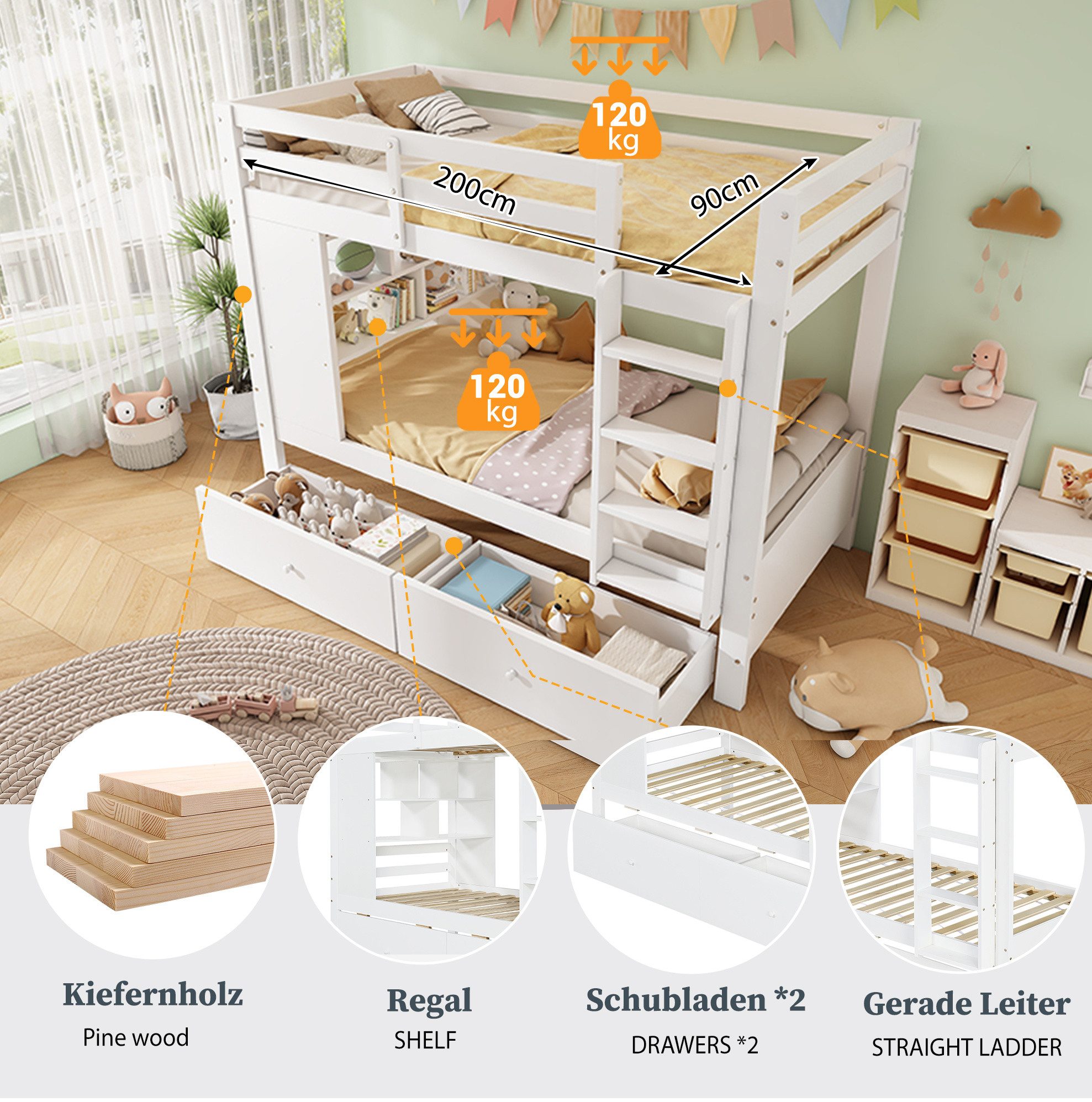 MODFU Etagenbett mit Leiter und Aufbewahrung – Kinderbett 90x200 cm (Gästebett Doppelbett mit Schubladen und Ablagefläche, Holzbett Jugendbett), ohne Matratze