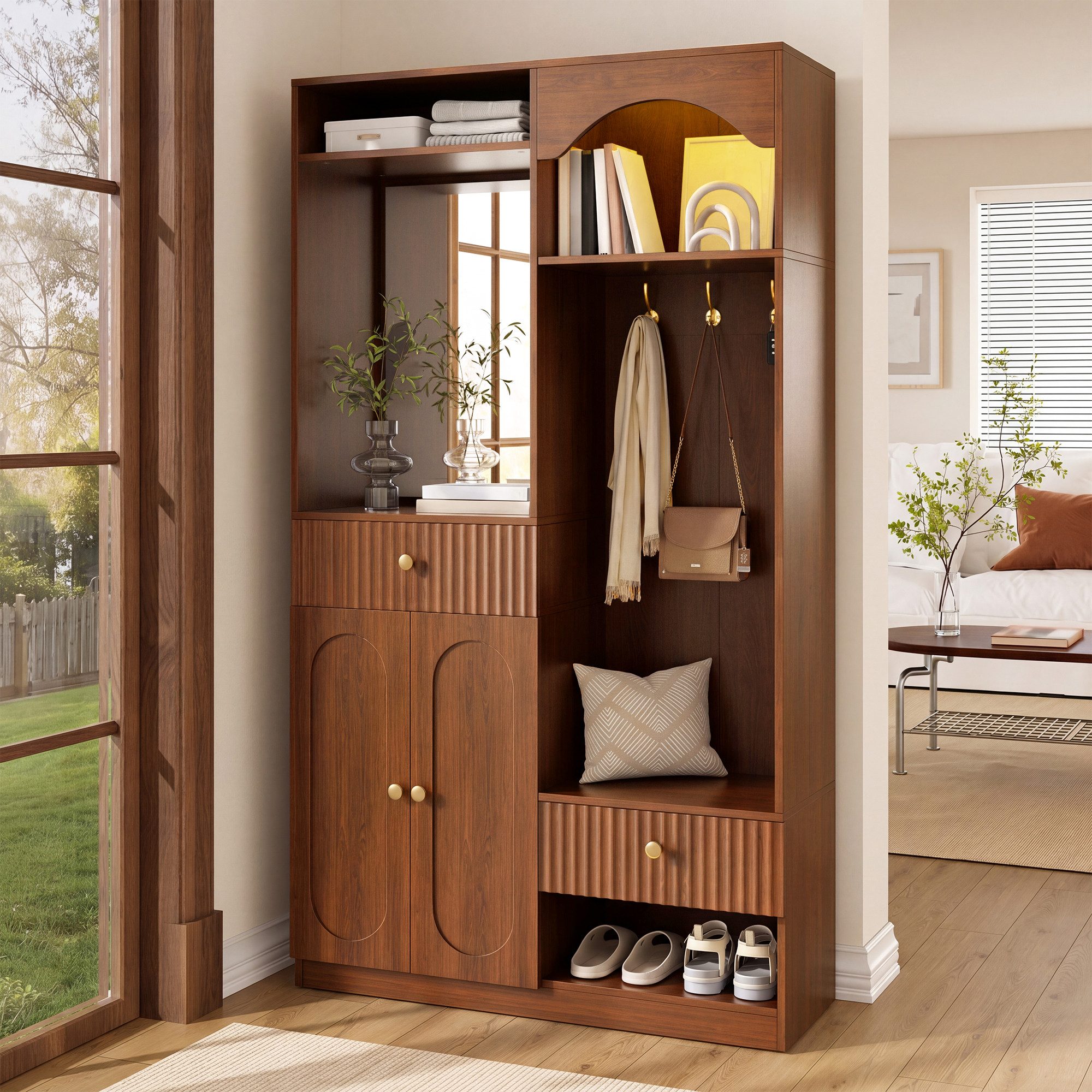 Odikalo Kleiderschrank Garderobenschrank mit Spiegel,Sitzbank,Schuhschrank MDF (3D-Ovaltüren,höhenverstellbare Einlegeböden,offene Ablage,Kleiderhaken,Eisengriffe)
