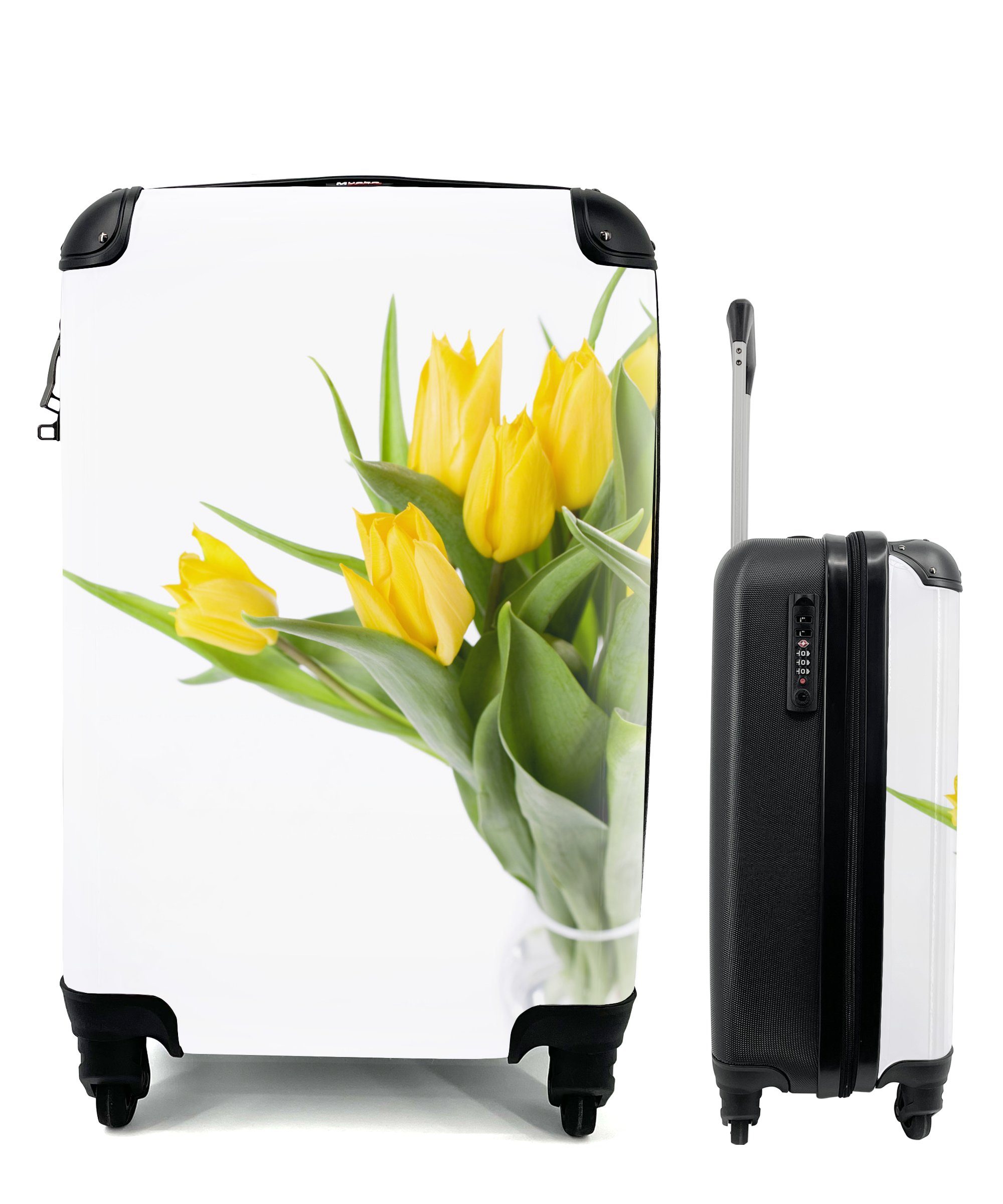 MuchoWow Handgepäckkoffer Gelbe Tulpen in einer Vase, 4 Rollen, Reisetasche mit rollen, Handgepäck für Ferien, Trolley, Reisekoffer