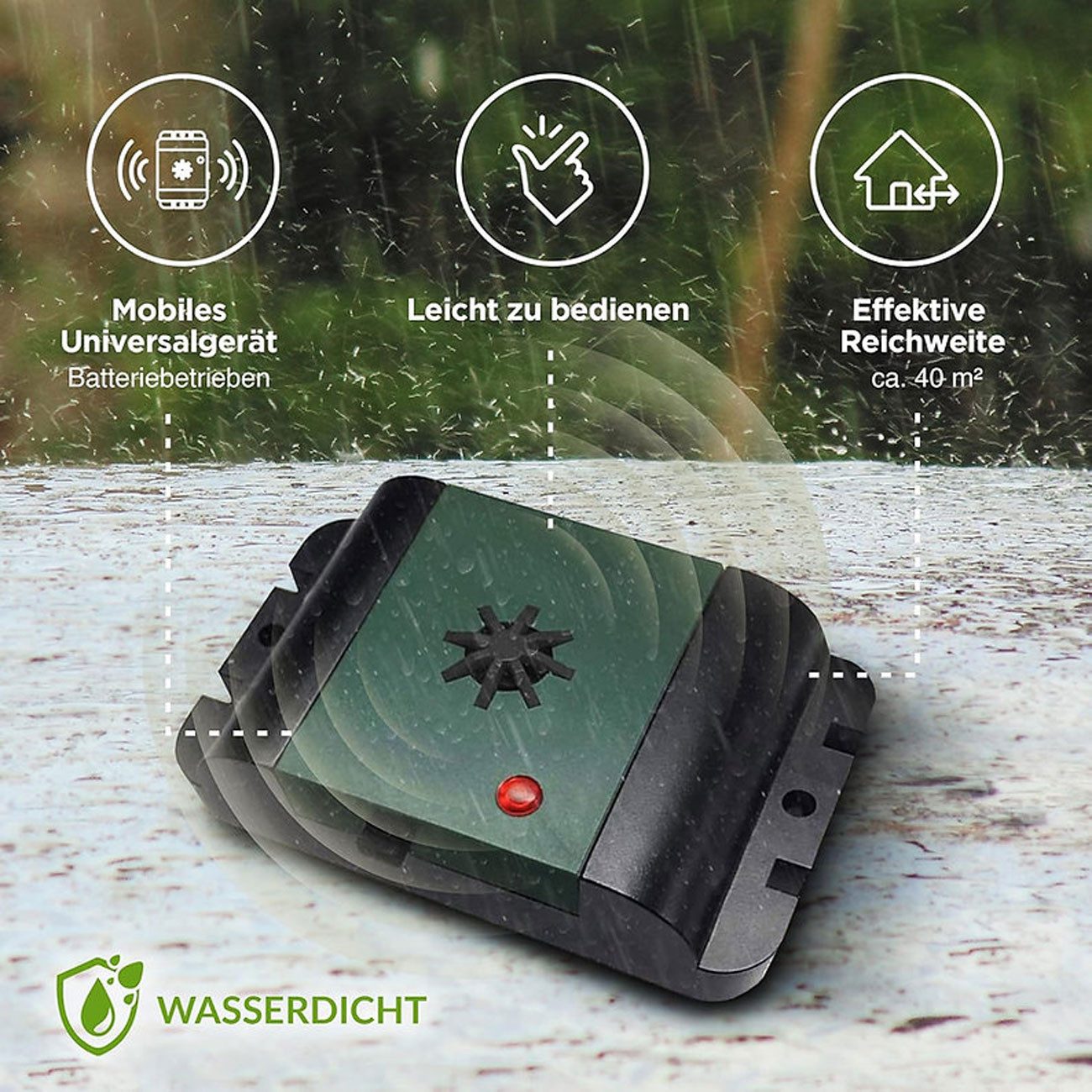 ISOTRONIC Ultraschall-Tierabwehr Mobiler Ultraschall Tauben- und Vogelvertreiber 40 m², 1-tlg., Erfassungsbereich von 40 m², kabellos & wetterfest