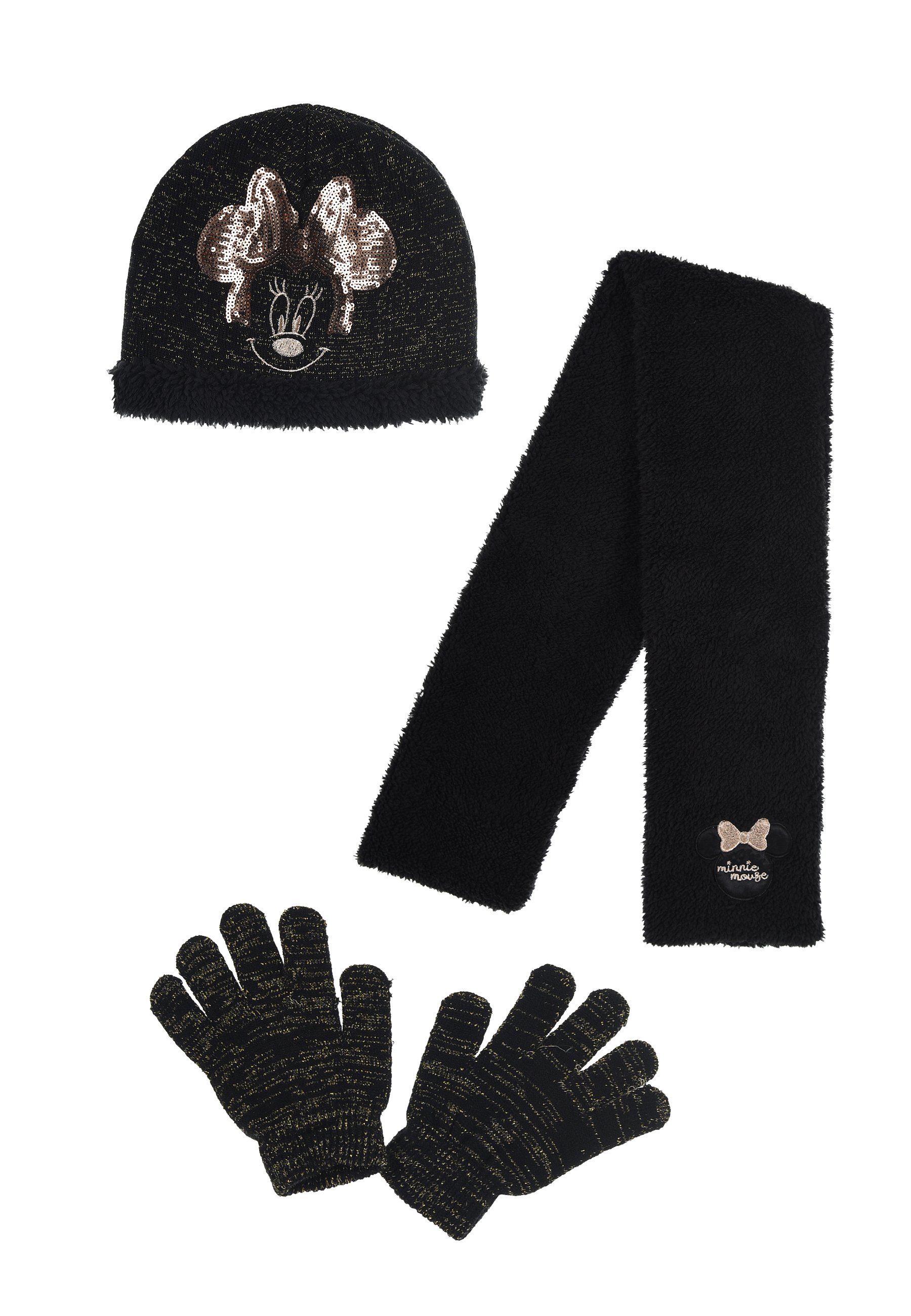 Disney Minnie Mouse Beanie Kinder Schal WInter-Mütze, Winter-Set Schwarz Maus (SET) Handschuhe & Mini 3 tlg