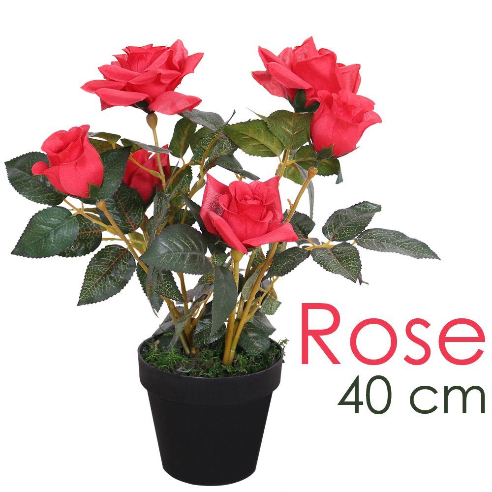 Kunstblume Rose Rosenstock Rosenbusch Kunstpflanze Künstliche Pflanze Rot 40 cm Rose, Decovego, Höhe 40 cm